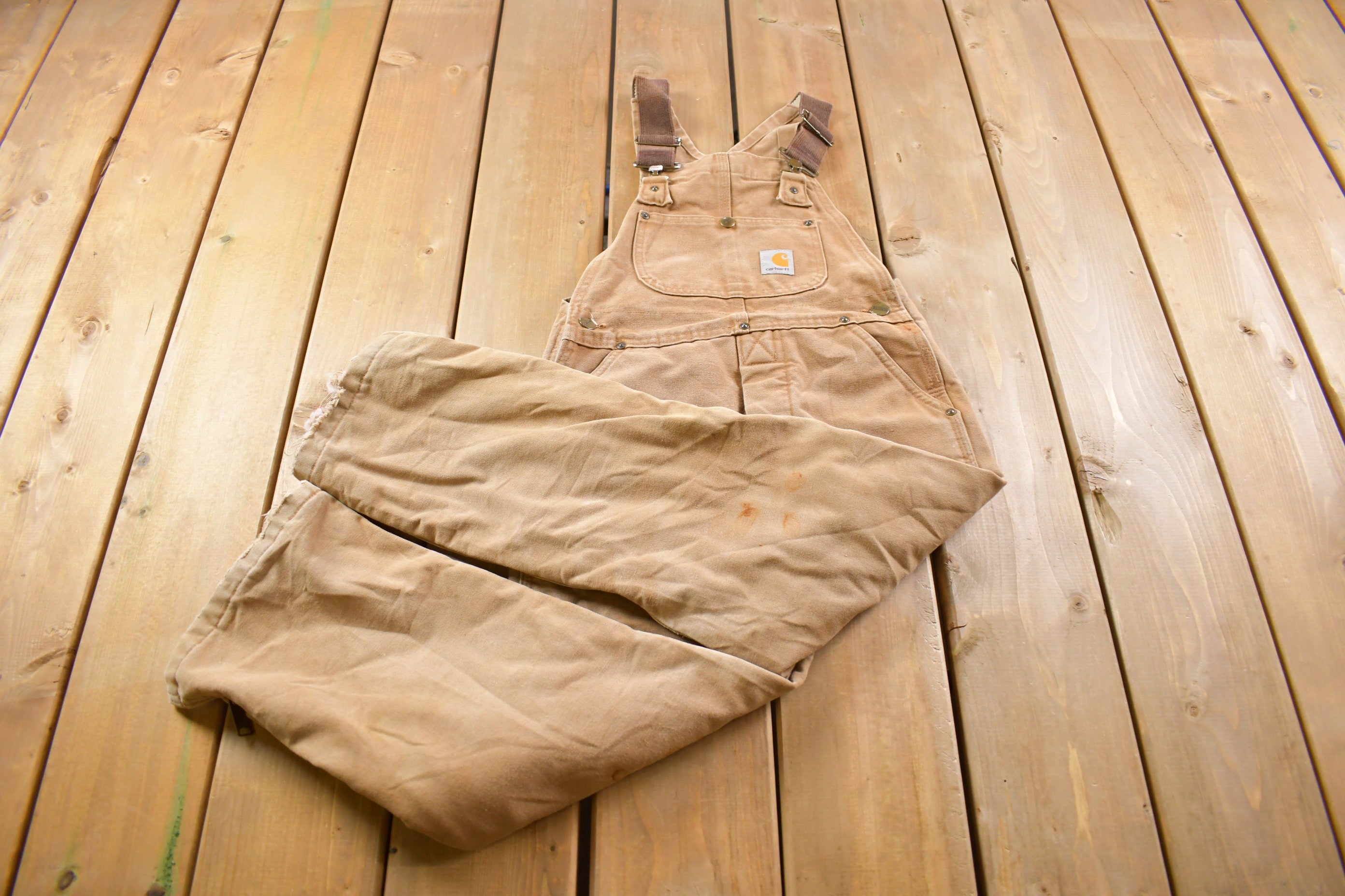 Vintage 1990s Distressed Carhartt Double Knee Canvas Overalls Size 38 Medium  Made in USA  Streetwear  Vintage Workwear