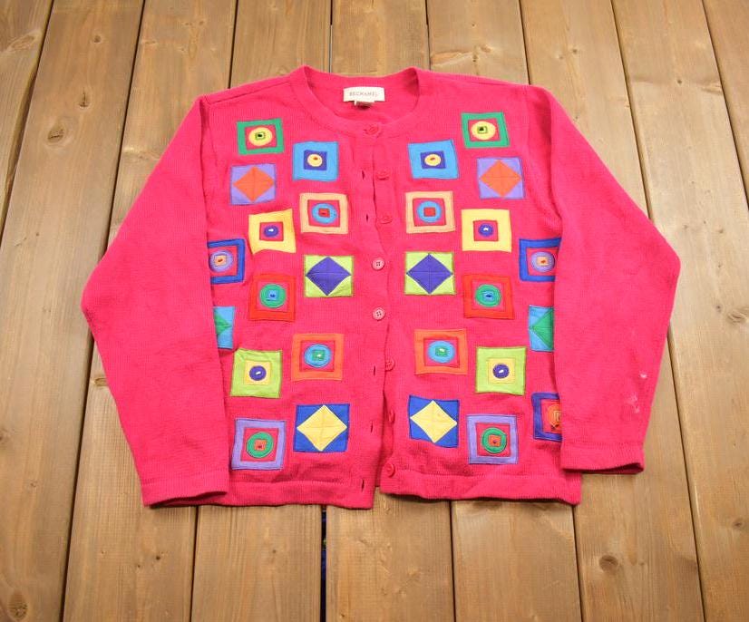 Vintage 1990s Bechamel Patchwork PinkKnit Cardigan Sweater