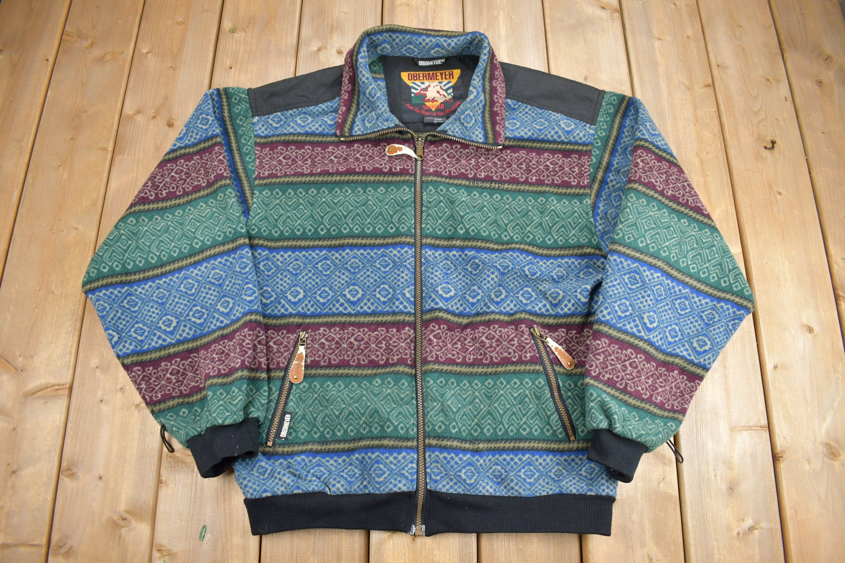 Vintage 1990s Obermeyer Ski Wear Fleece Sweater / Outdoorsman / 90s Sweater / Streetwear / Hiking / Fleece Zip up / Pattern