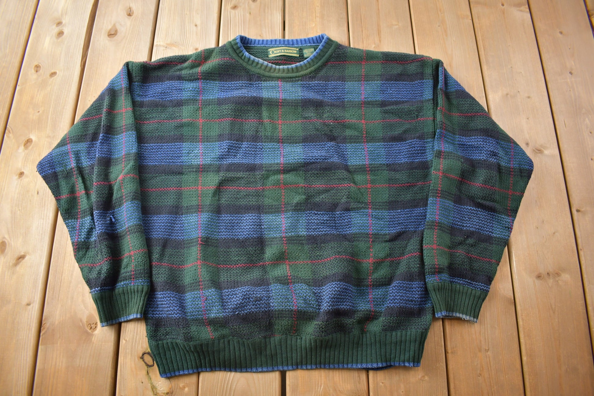 Vintage 1990s Croft & Barrow Plaid Knit Crewneck Sweater / Vintage 90s Crewneck / All Over Pattern