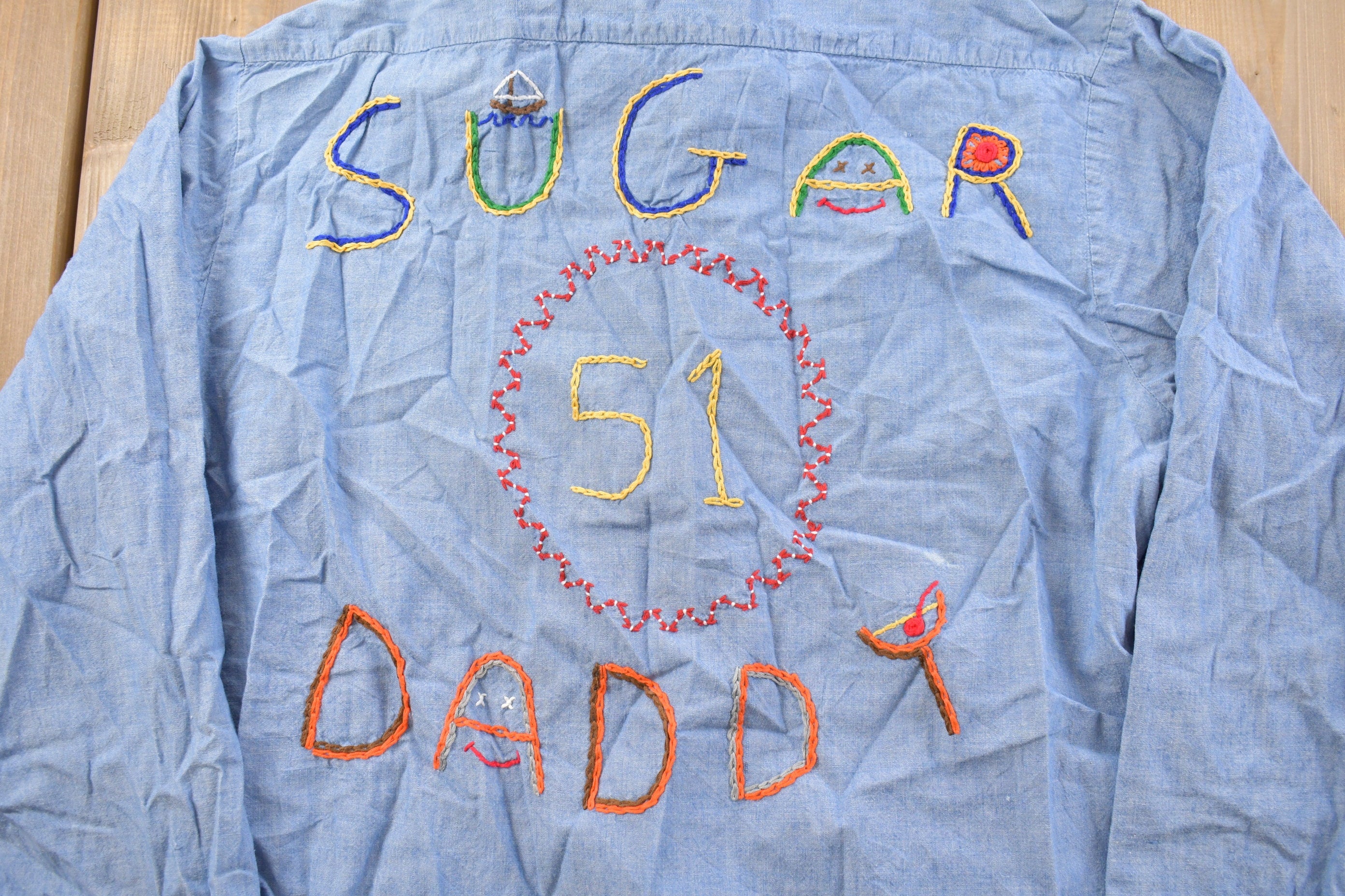 Vintage 1980s Sears Sugar Daddy Embroidered Denim Button Up Shirt