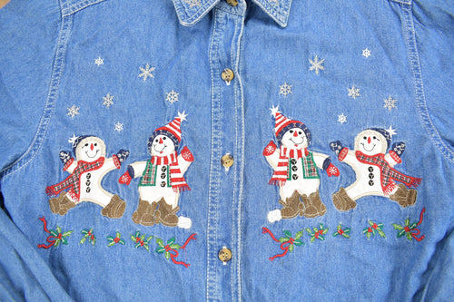 Vintage 1990s Bobbie Brooks Cute Denim Embroidered Button Up Shirt / 1990s Button Up / Snowmen / Basic Button Up / Cute / Cottage Core