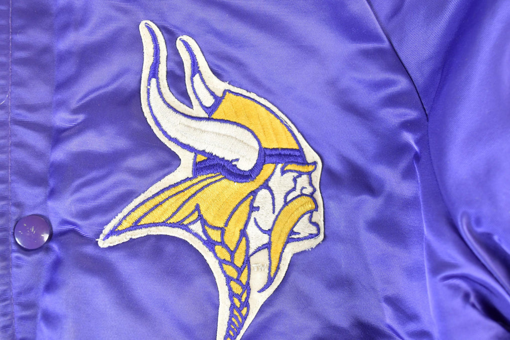 Vintage 1980s Minnesota Vikings Team NFL Football Chalk Line Satin Button Up Bomber Embroidered Puffer Jacket