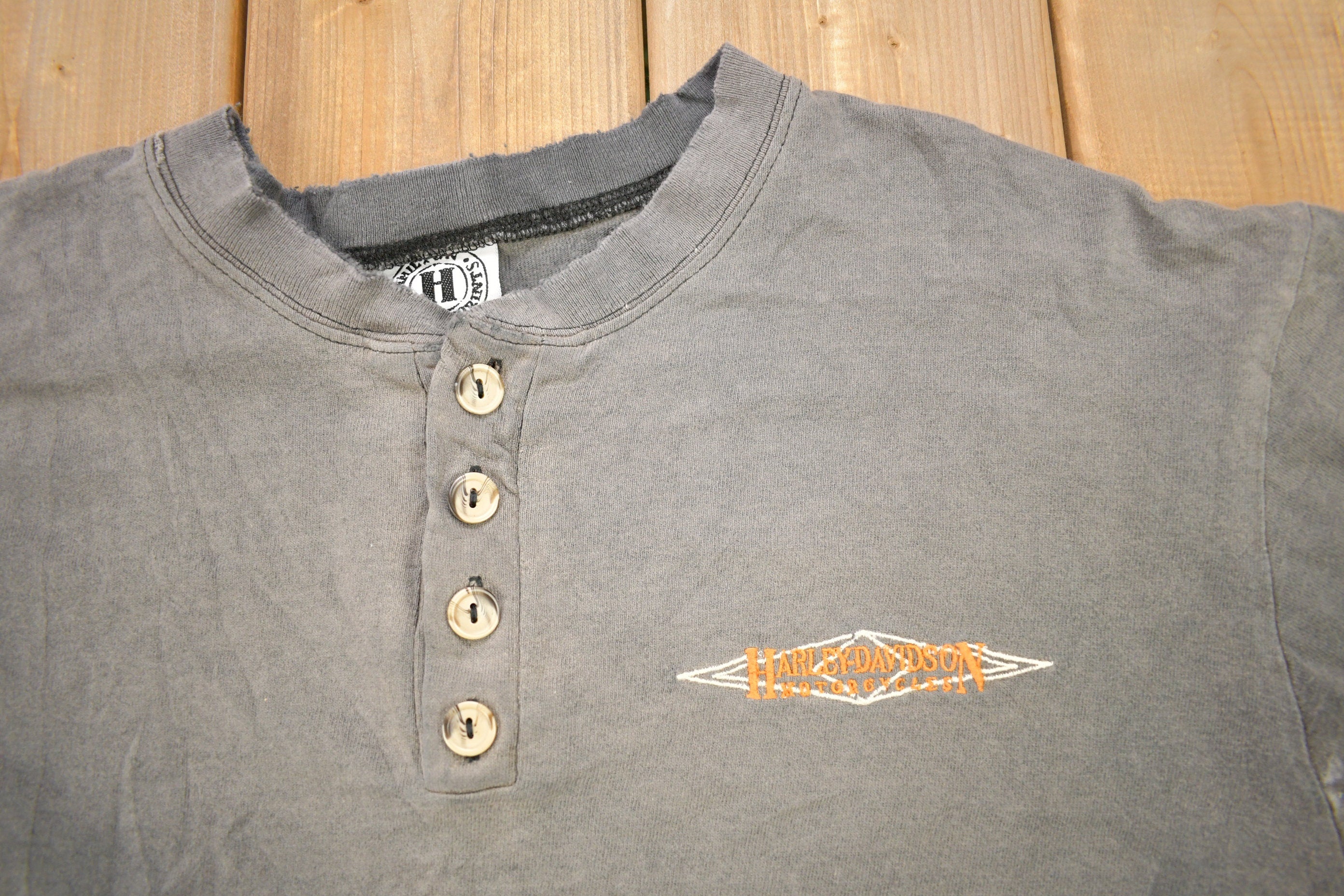 Vintage 1990s Harley Davidson Motorcycles Sarnia Ontario Long Sleeve Henley T-Shirt