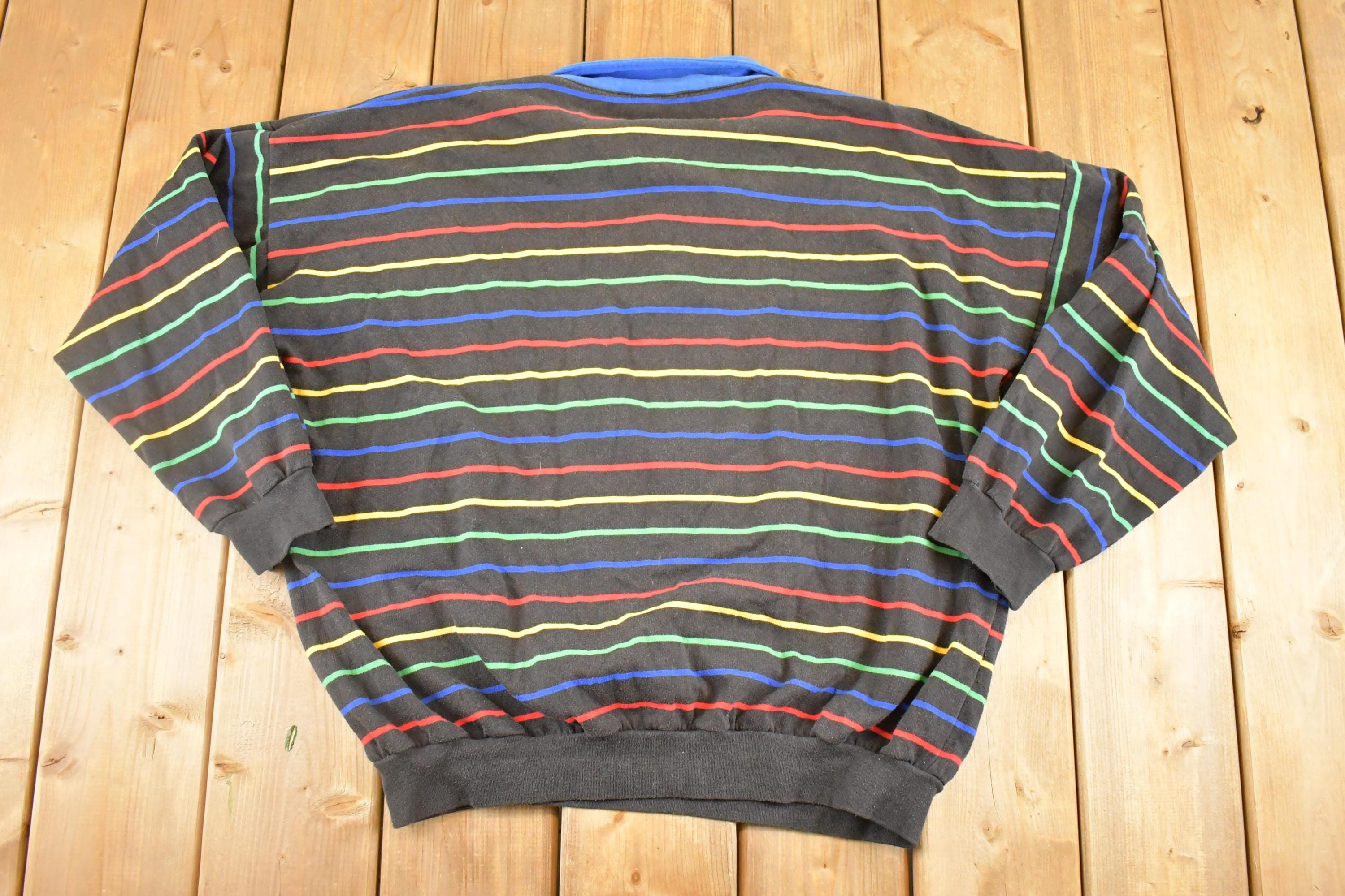 Vintage 1980s Striped Quarter Button Souvenir Crewneck Sweatshirt Men's XL