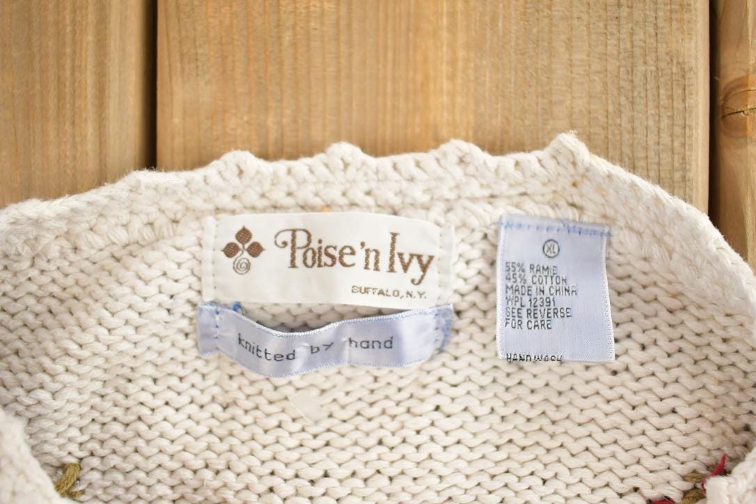 Vintage 1990s Poise N Ivy American Farm Flag 3D Colored Hand Cable Knit Crewneck Sweater