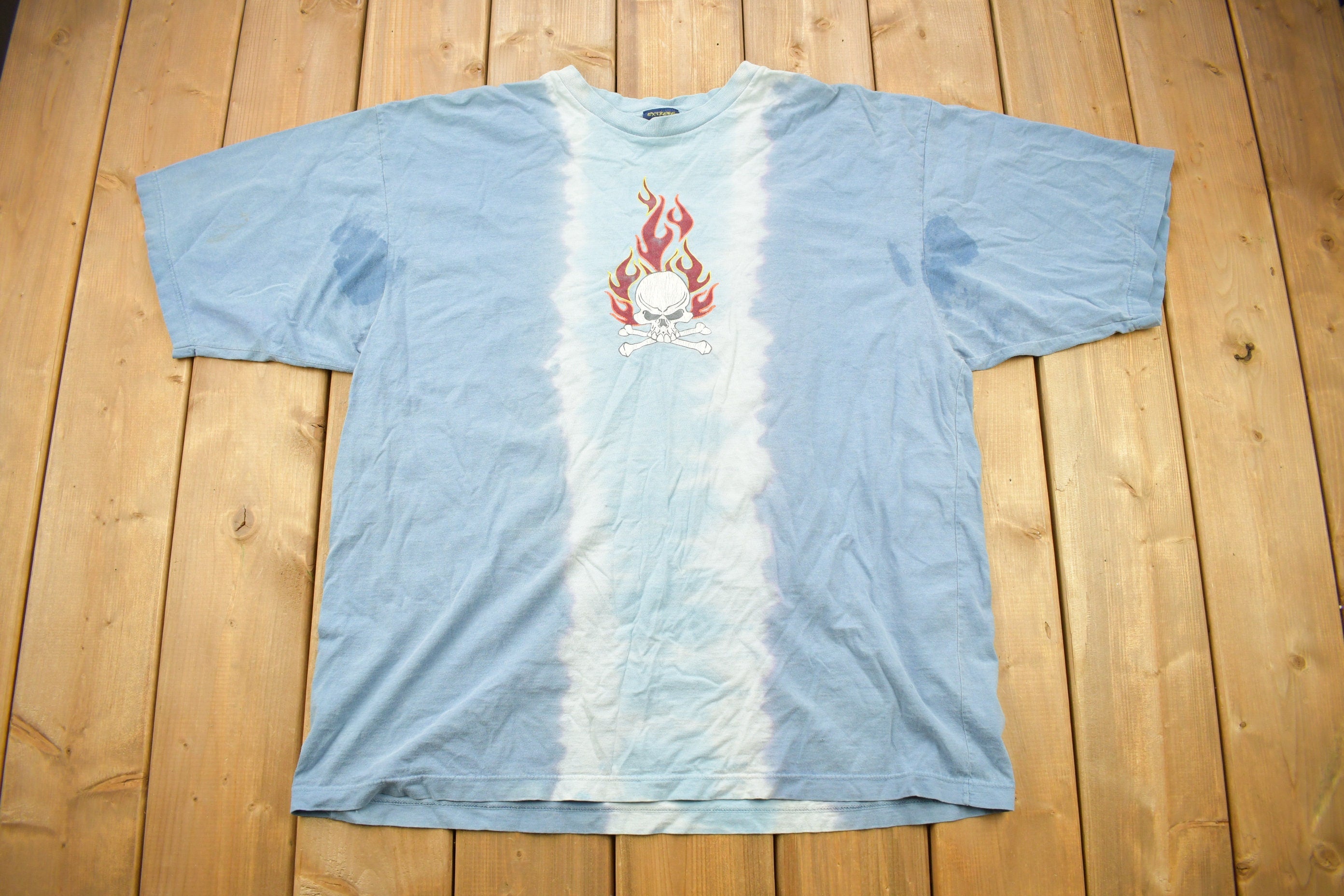 Vintage 1990s Extreme Limit Flaming Skull Tye Dye T Shirt