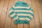 Vintage 1970s Wool Knit Bow Tie Green Beige Stripe Sweater