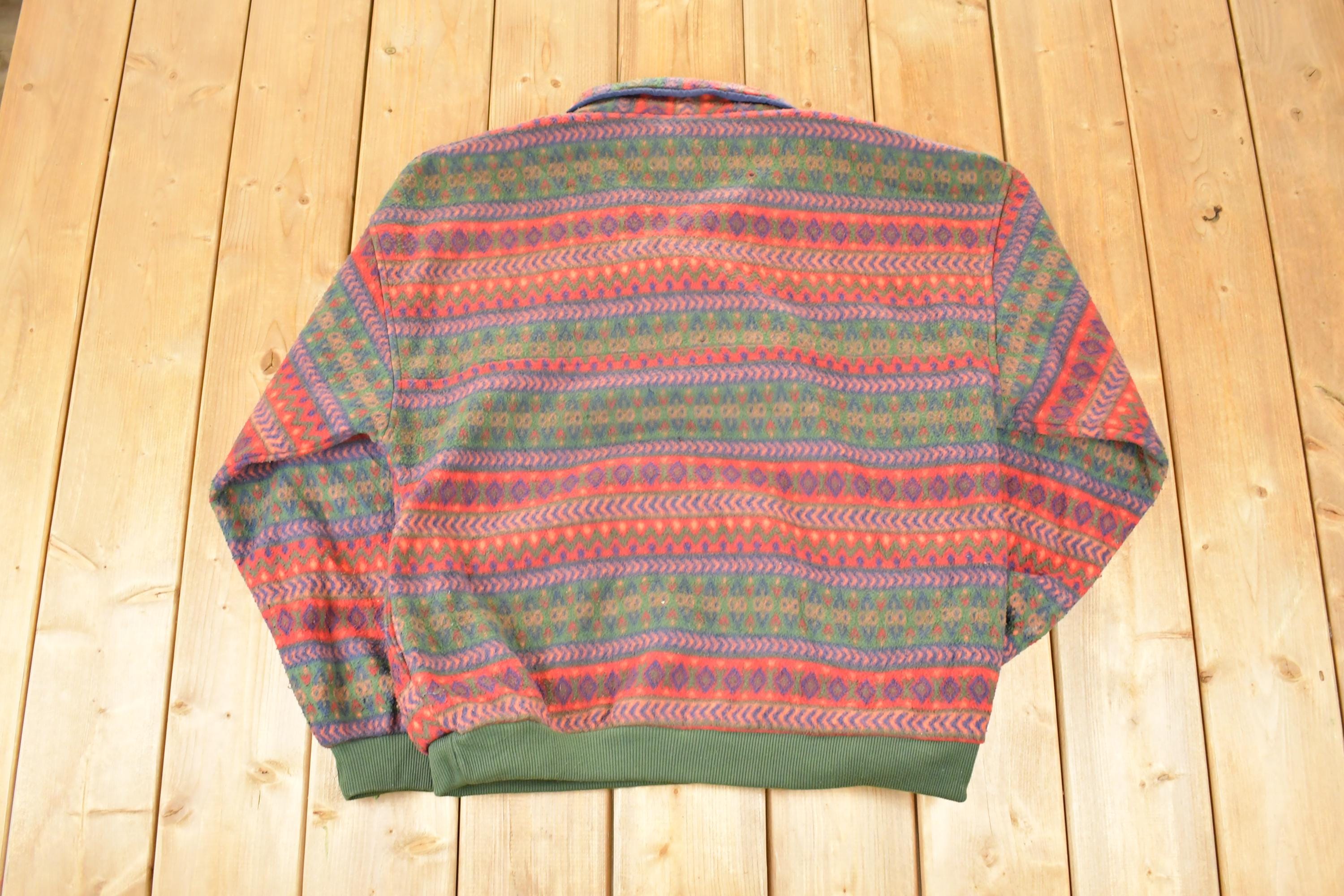 Vintage 1990s Alaska Arctic Image Fleece Outdoorsman Quarter Button Holiday Sweater Men's XL