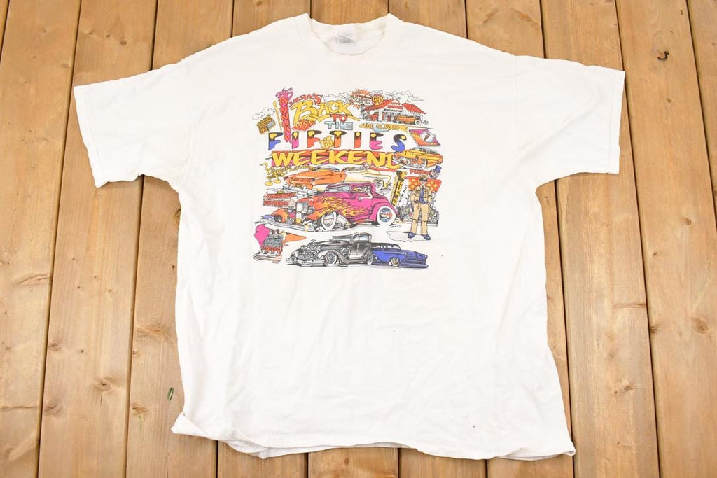 Vintage 1999 50's Weekend Cartoon Hot Rod Graphic Print Souvenir T-Shirt Men's L