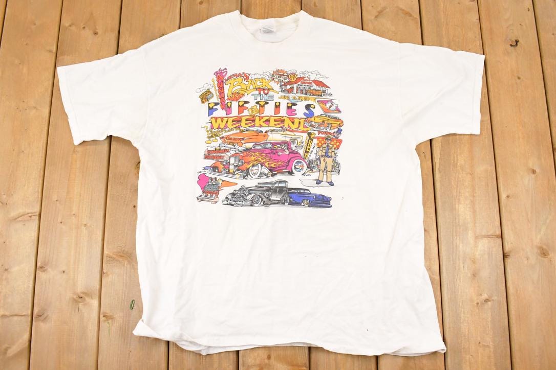 Vintage 1999 50's Weekend Cartoon Hot Rod Graphic Print Souvenir T-Shirt Men's L