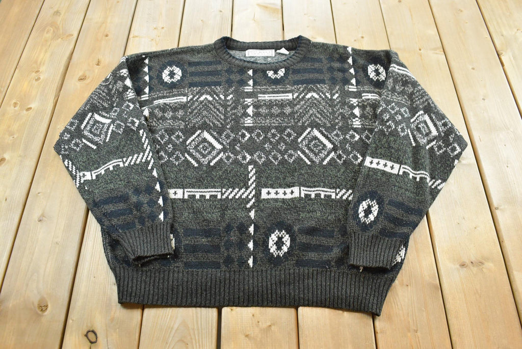 Vintage 1990s Michael Gerald Knitted Crewneck Sweater Mens 2XL / All Over Pattern / Made In Korea / Abstract Geometric Pattern