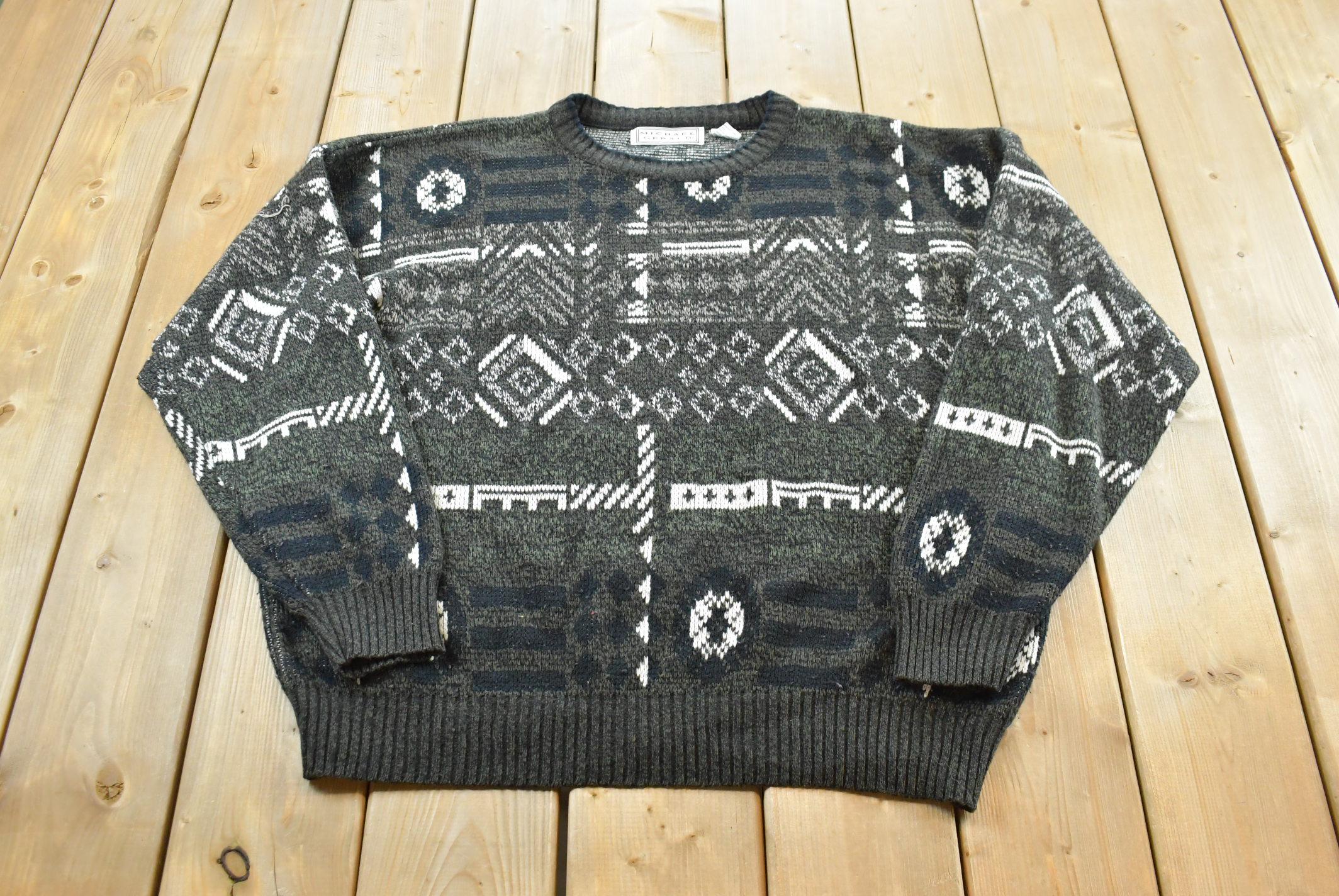 Vintage 1990s Michael Gerald Knitted Crewneck Sweater Mens 2XL / All Over Pattern / Made In Korea / Abstract Geometric Pattern