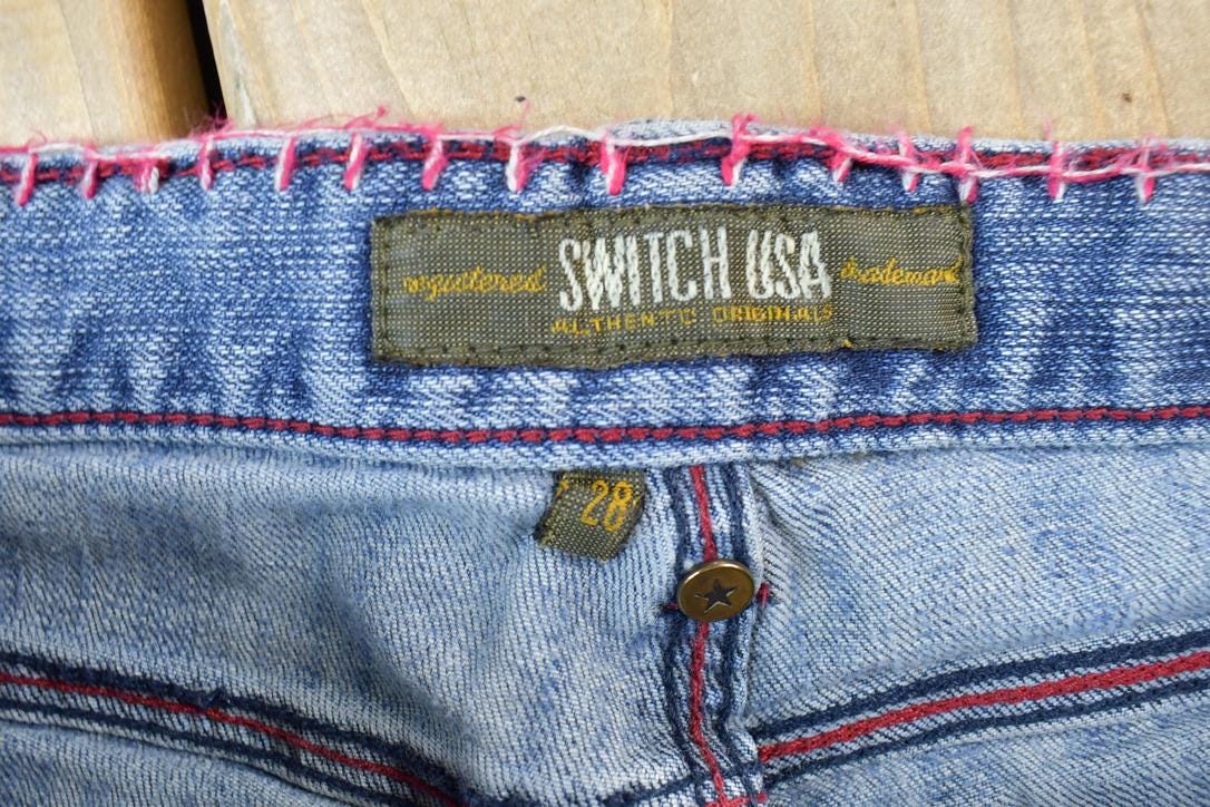 Vintage 1990s Switch USA Patched Denim Bell Bottoms Jeans Size 30 x 32
