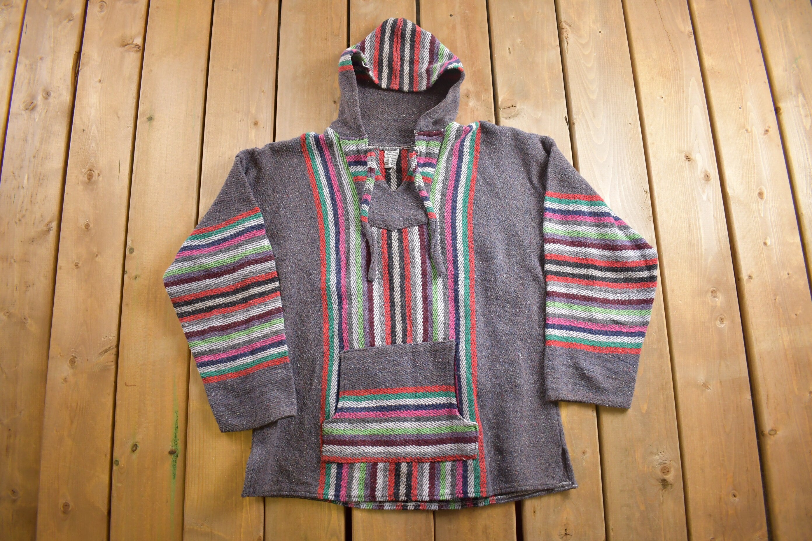 Vintage 1990s Baja Hooded Pullover Striped Knit Poncho Blanket Hoodie