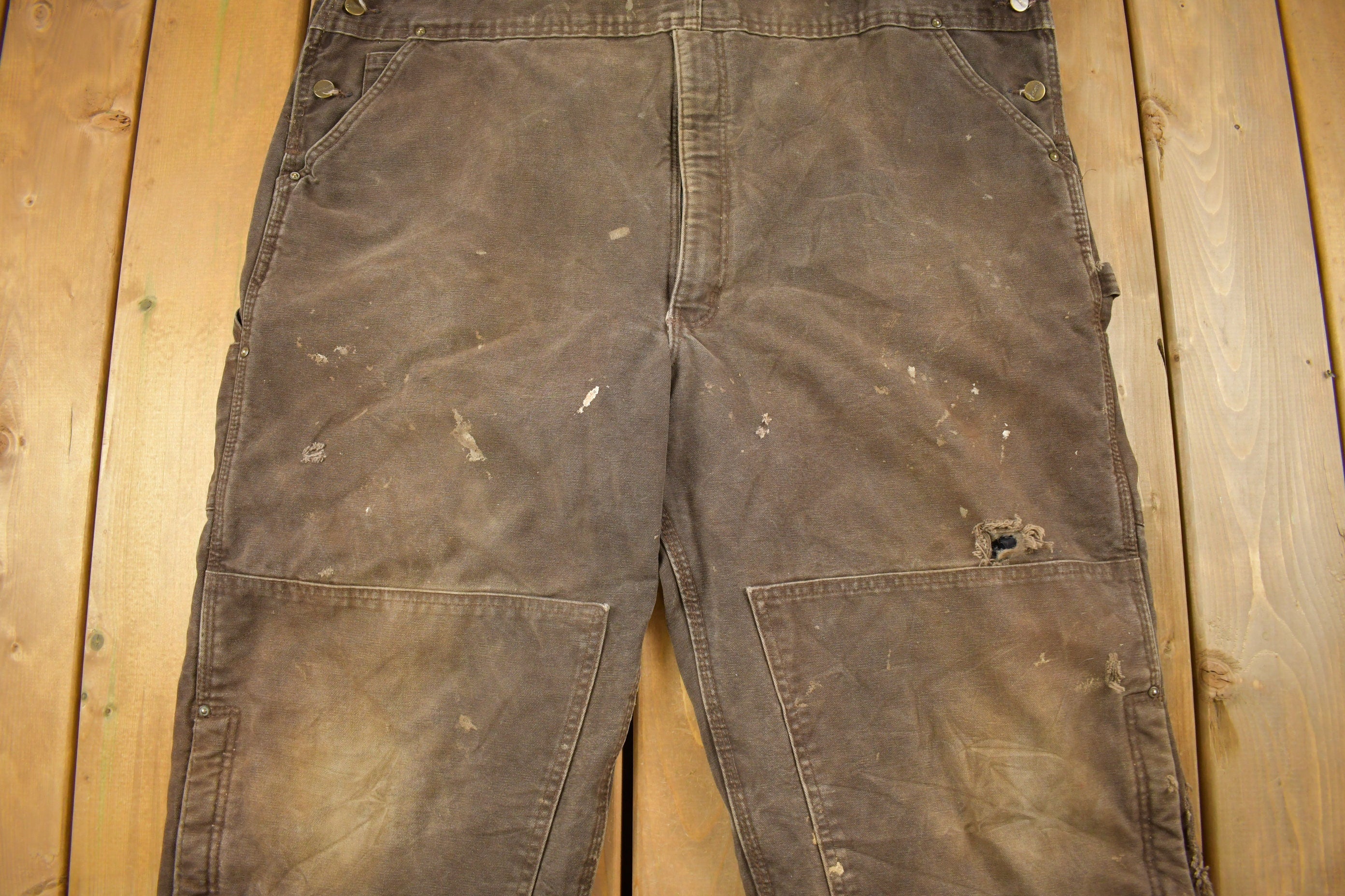 Vintage 1990s Carhartt Brown Double Knee Canvas Quilted Overalls Size 48 x 30