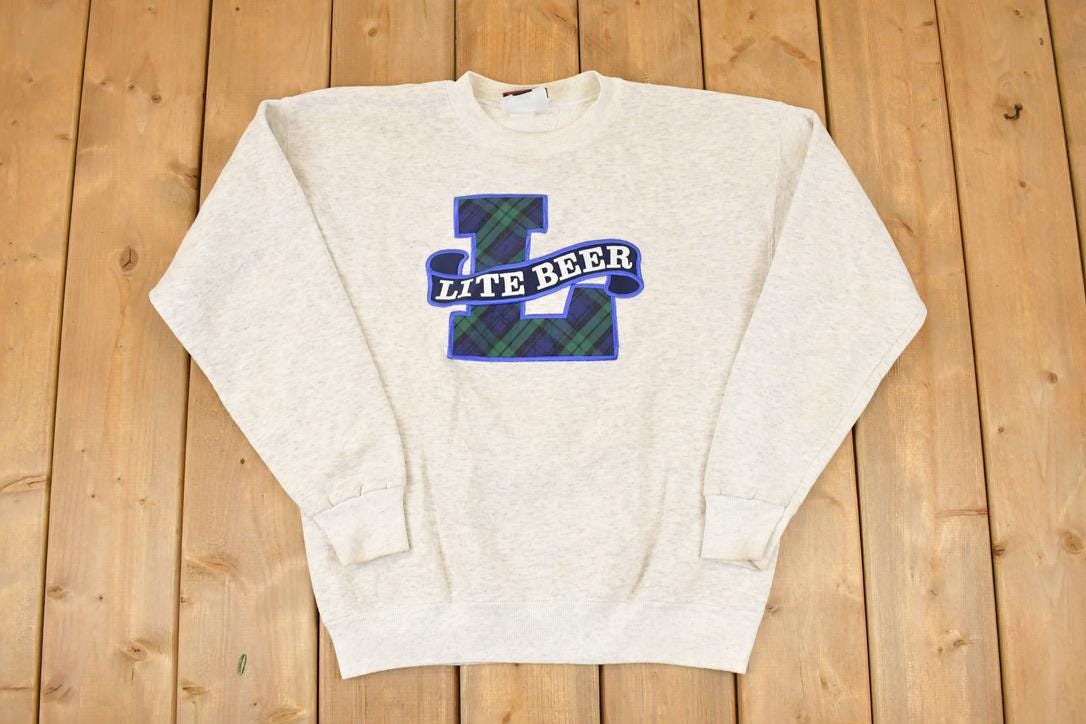 Vintage 1990s Lite Beer Embroidered Plaid L Heavyweight Crewneck Sweatshirt Mens M