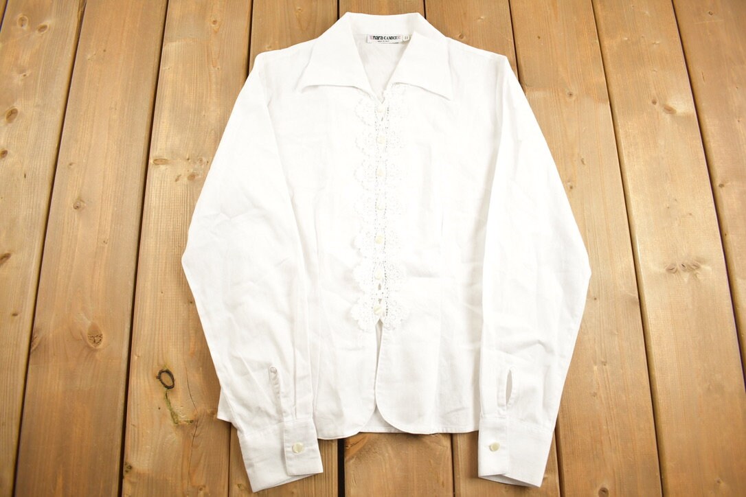 Vintage 1990s Womens Enara Camice Lace Detail Blank White Button Up Shirt