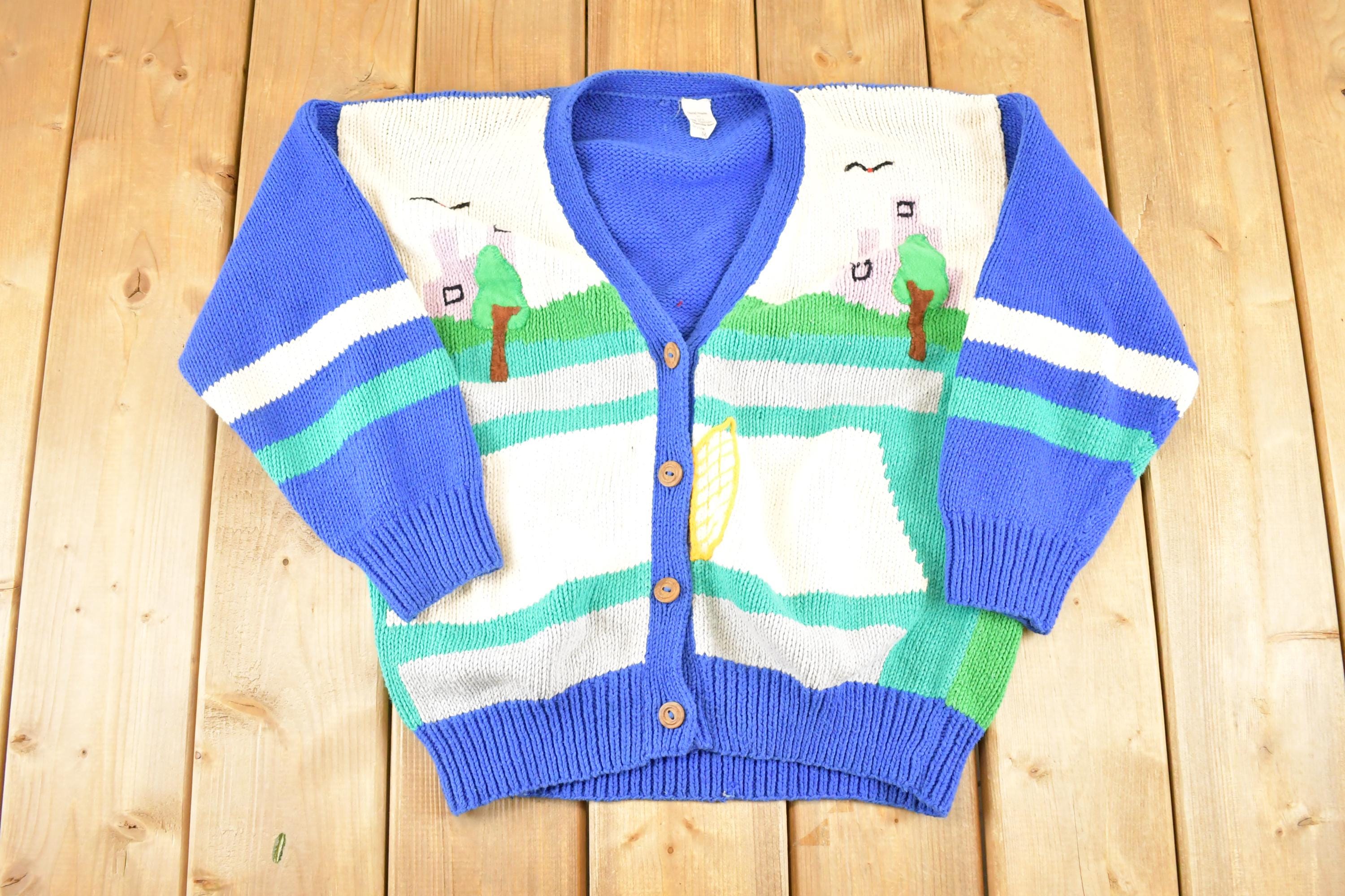 Vintage 1990s Hand Made Landscape Cardigan Knit Sweater Women's M