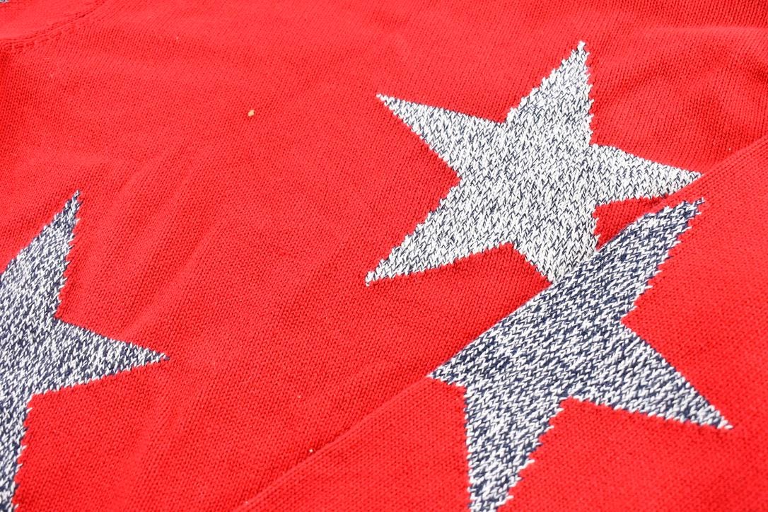 Vintage 1990s Women's Red Rolled Hem Norton Studio Star Pattern Knit Crewneck Sweater