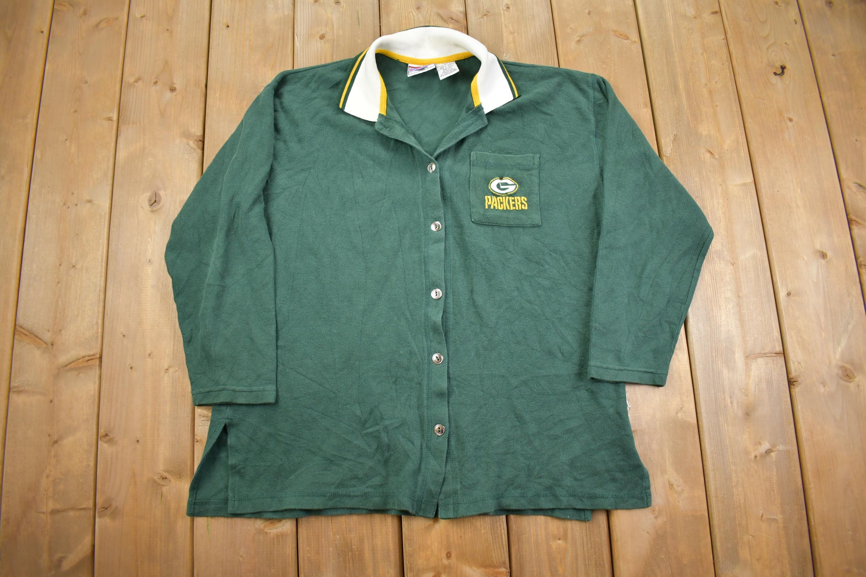 Vintage 1990s Green Bay Packers Button Up Rugby Style NFL Football Sweatshirt - Large