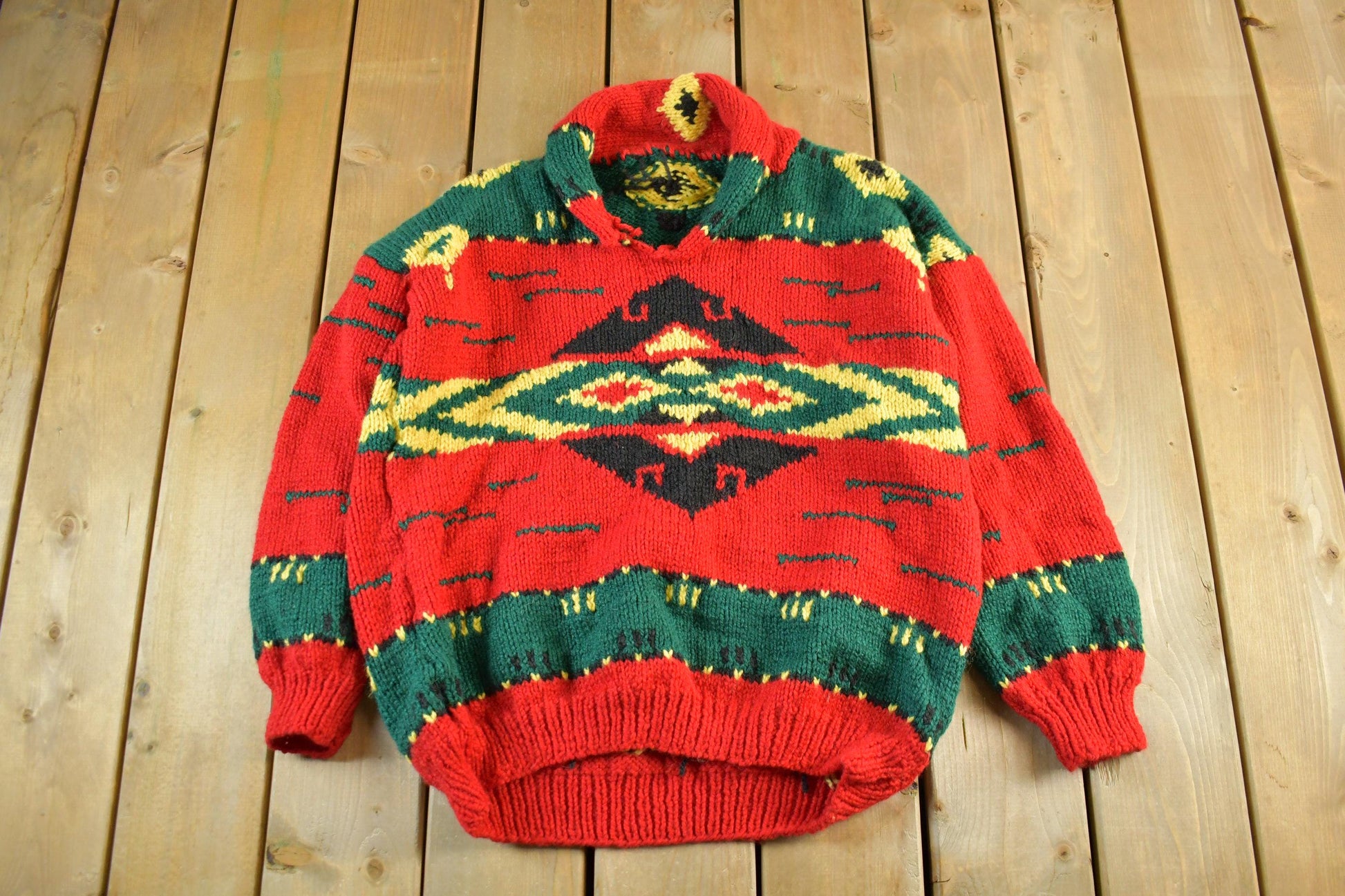 Vintage 1970s 1980s Aztec Shawl Collar Knit Crewneck Sweater Men's Large  70s Hand Knit  Aztec Abstract Pattern