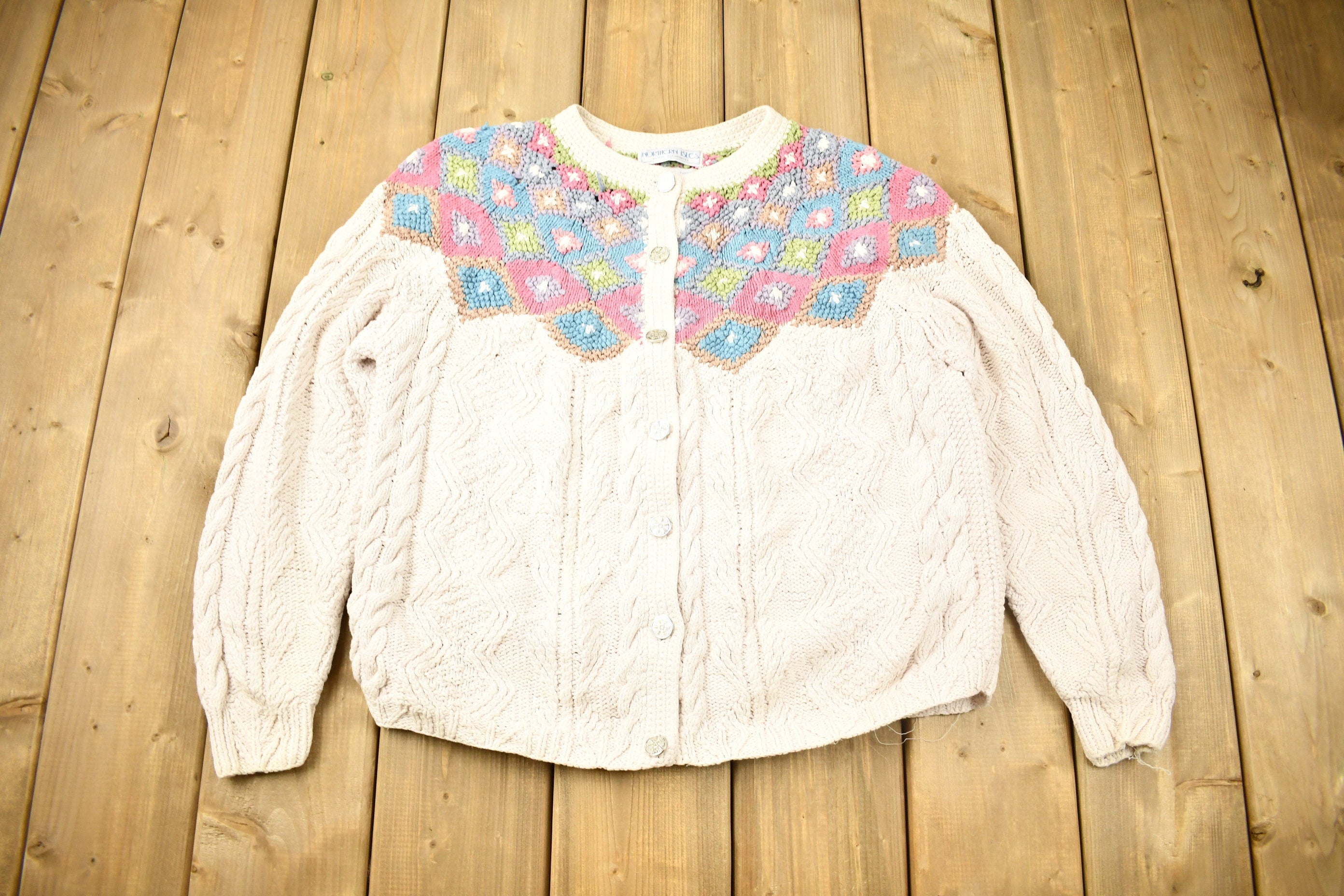 Vintage 1980s Northern Isles Hand Knit 3D Cable Knit Cardigan Sweater