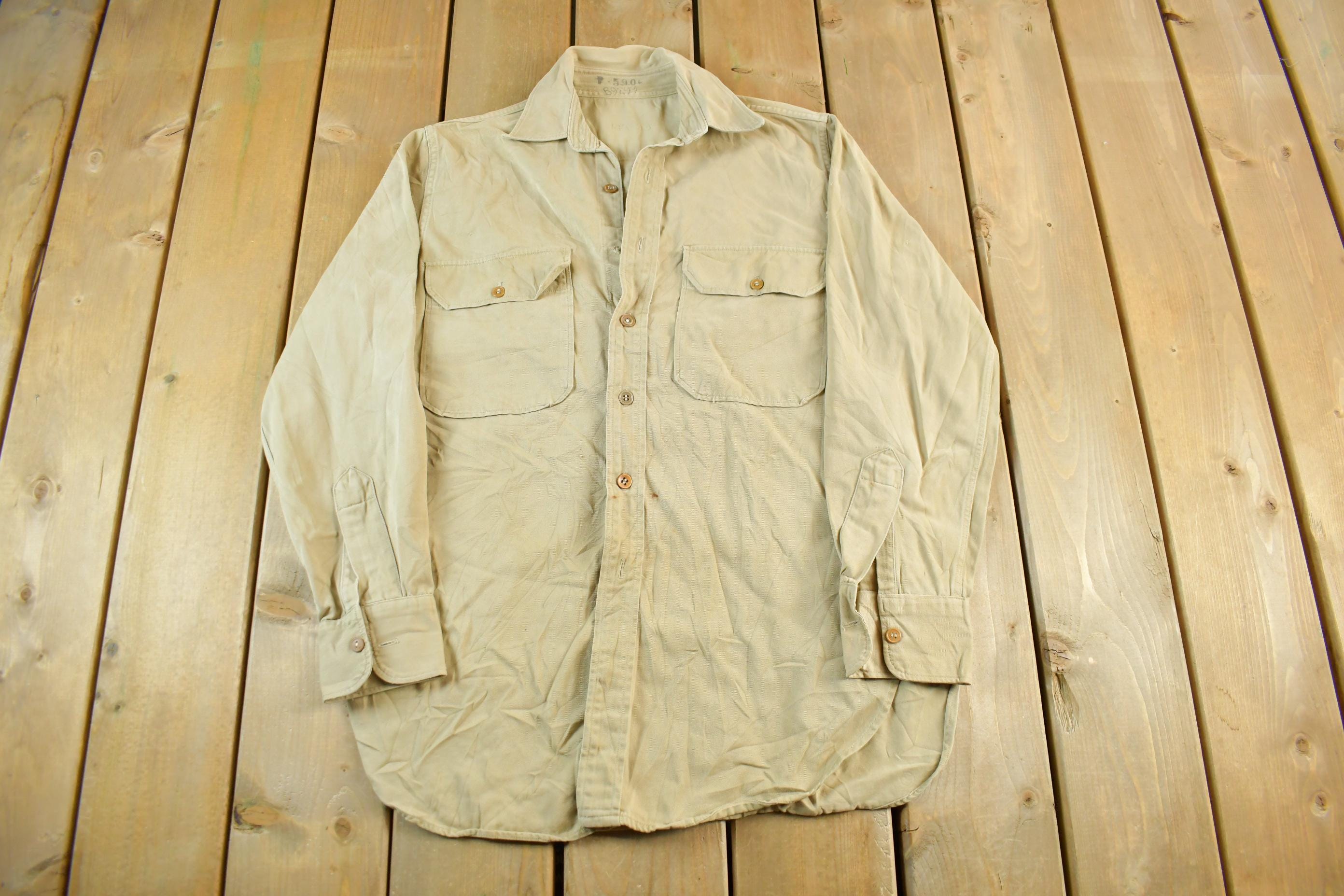 Vintage 1950s Military Khaki Button Up Shirt Men's Large