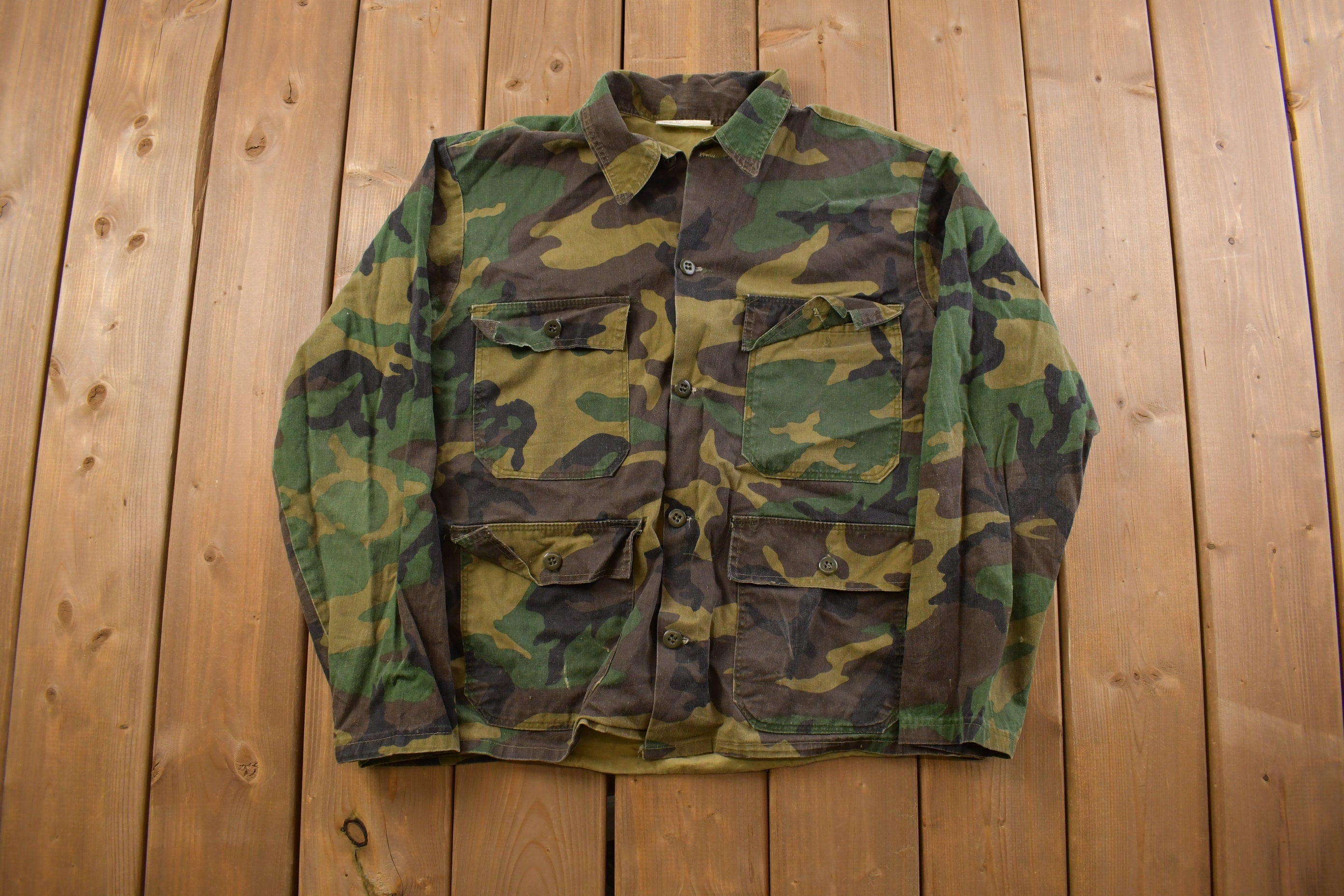 Vintage 1990s Military Woodland Camouflage Cold Weather Field Jacket