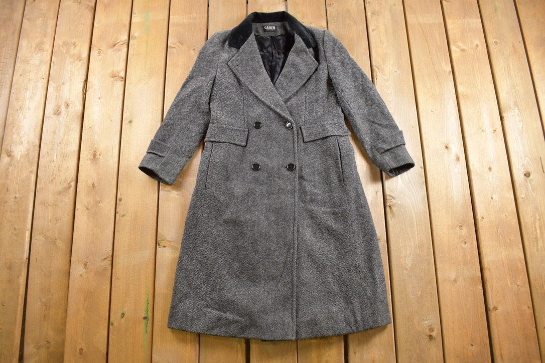 Vintage 1980s Karen Full Length 100% Wool Coat / Herringbone / Winter Outerwear / Streetwear / Made In USA / 80s Clothing