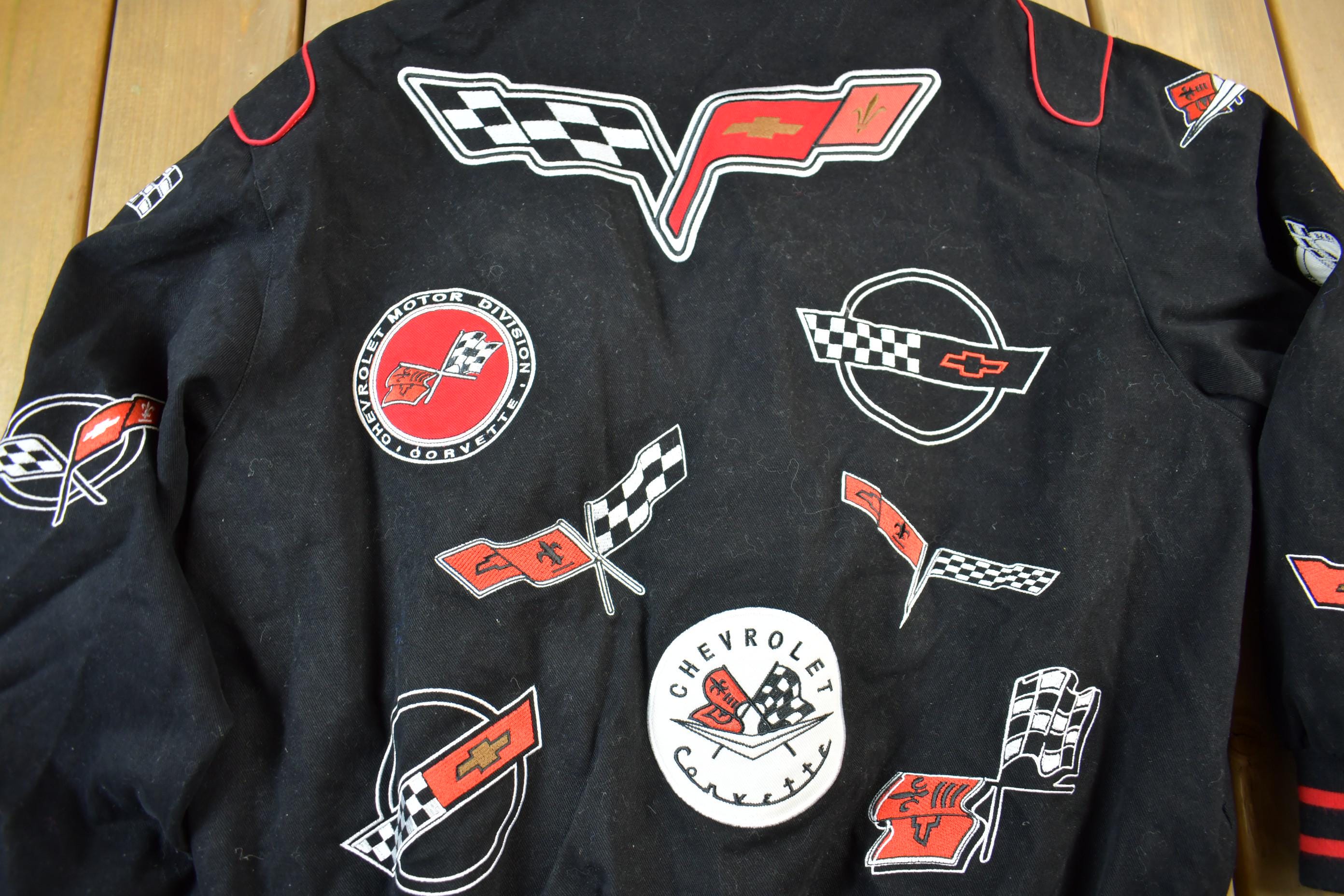 Vintage 1990s Jeff Hamilton Corvette Chevrolet Racing Jacket  Patchwork  Streetwear  Vintage Racing Jacket  Size XL