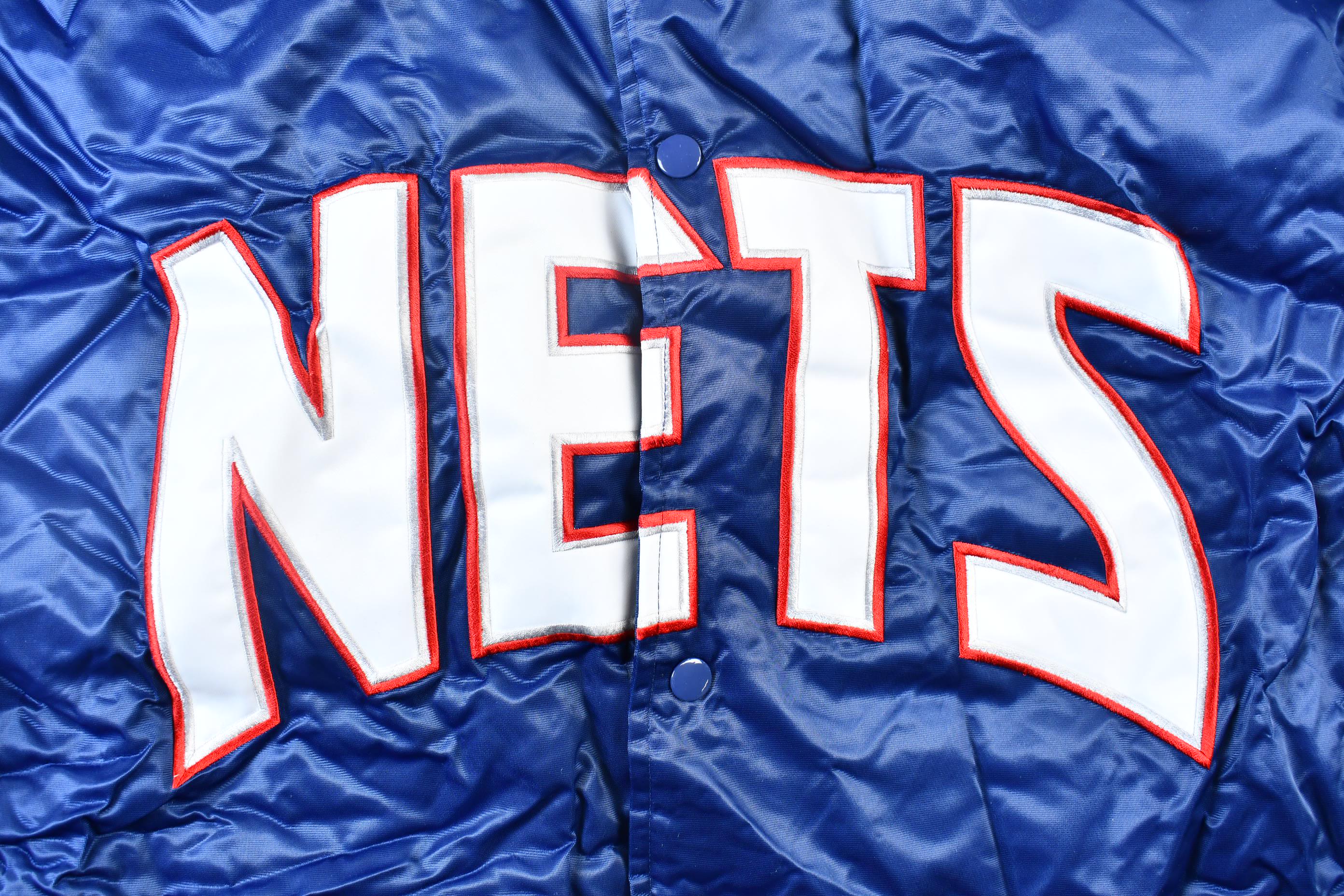 Vintage 1990s Bigman Sports New Jersey Nets NBA Basketball Embroidered Snap Button Satin Bomber Jacket