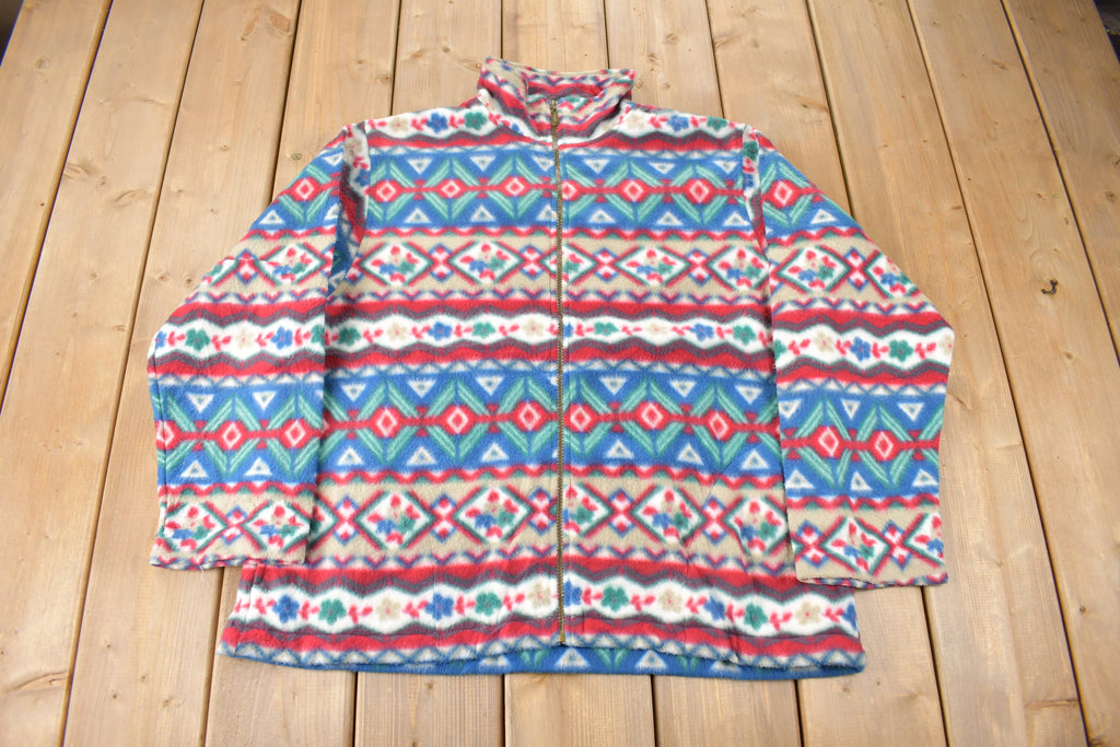 Vintage 1990s Alfred Dunner All Over Print Zip Up Fleece Sweater Size Woman's Medium
