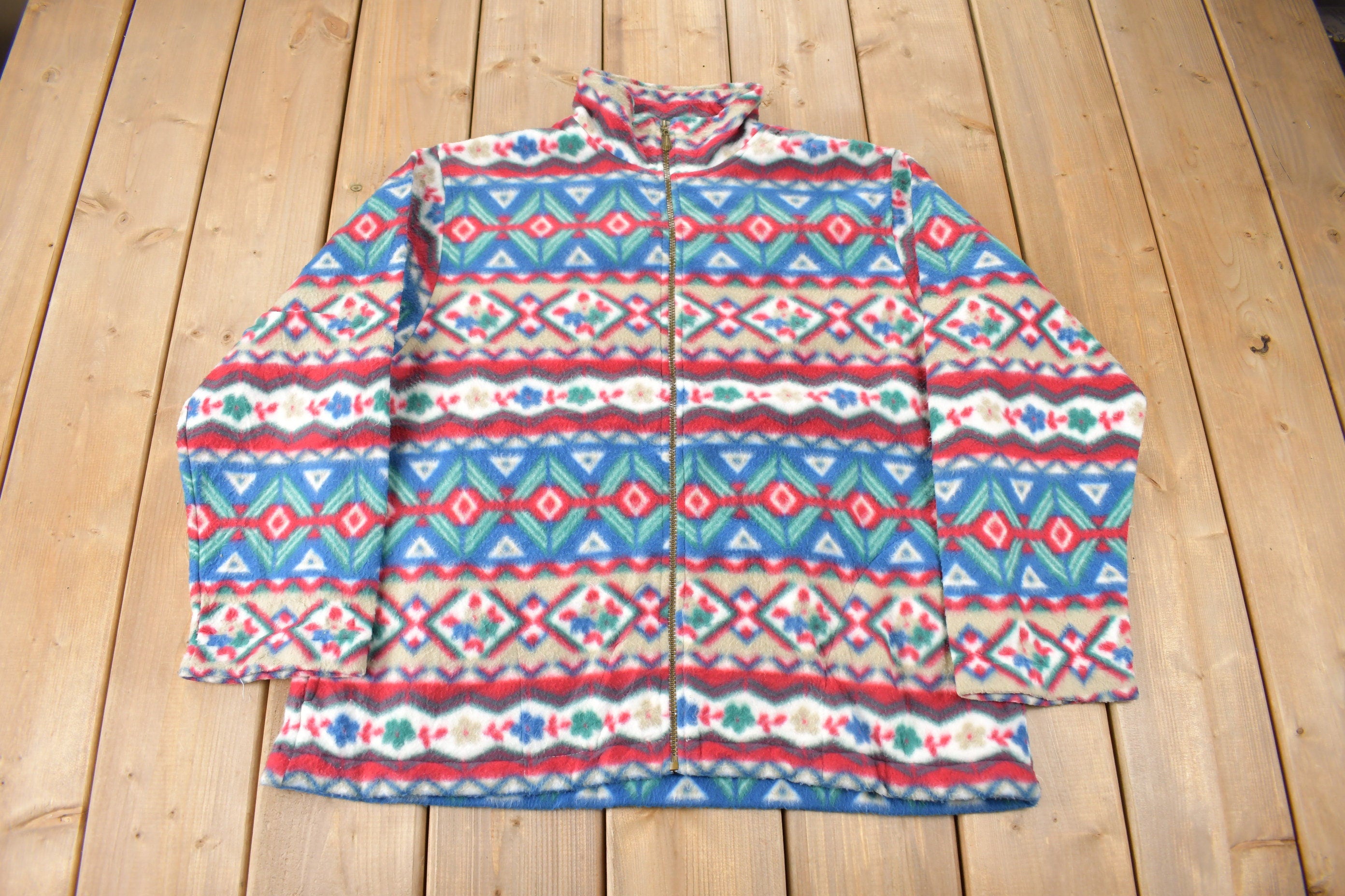 Vintage 1990s Alfred Dunner All Over Print Zip Up Fleece Sweater Size Woman's Medium