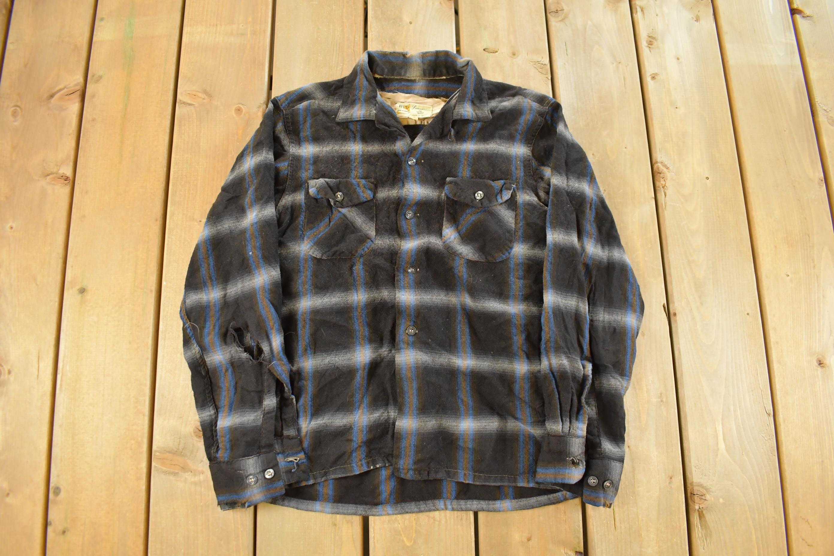 Vintage 1980s Distressed BVD Lanerossi Plaid Wool Flannel Button Up Shirt Men's M