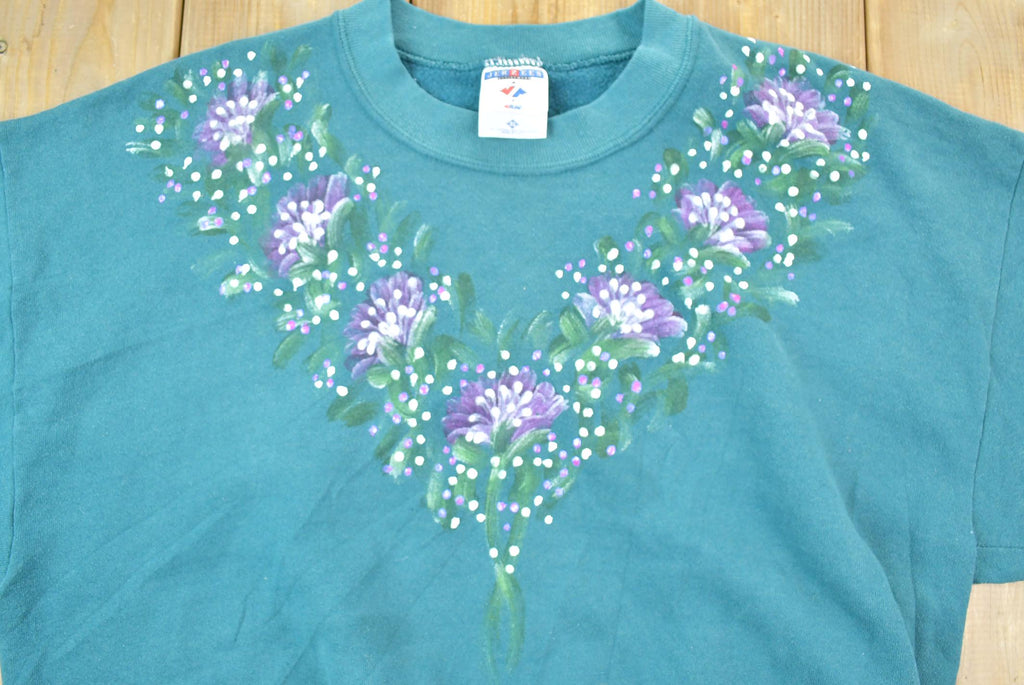 Vintage 1990s Jerzeez Hand Painted Floral Cute Crewneck Sweater / 90s Crewneck / Grandma Sweater / Streetwear / Made In USA / Flower Theme