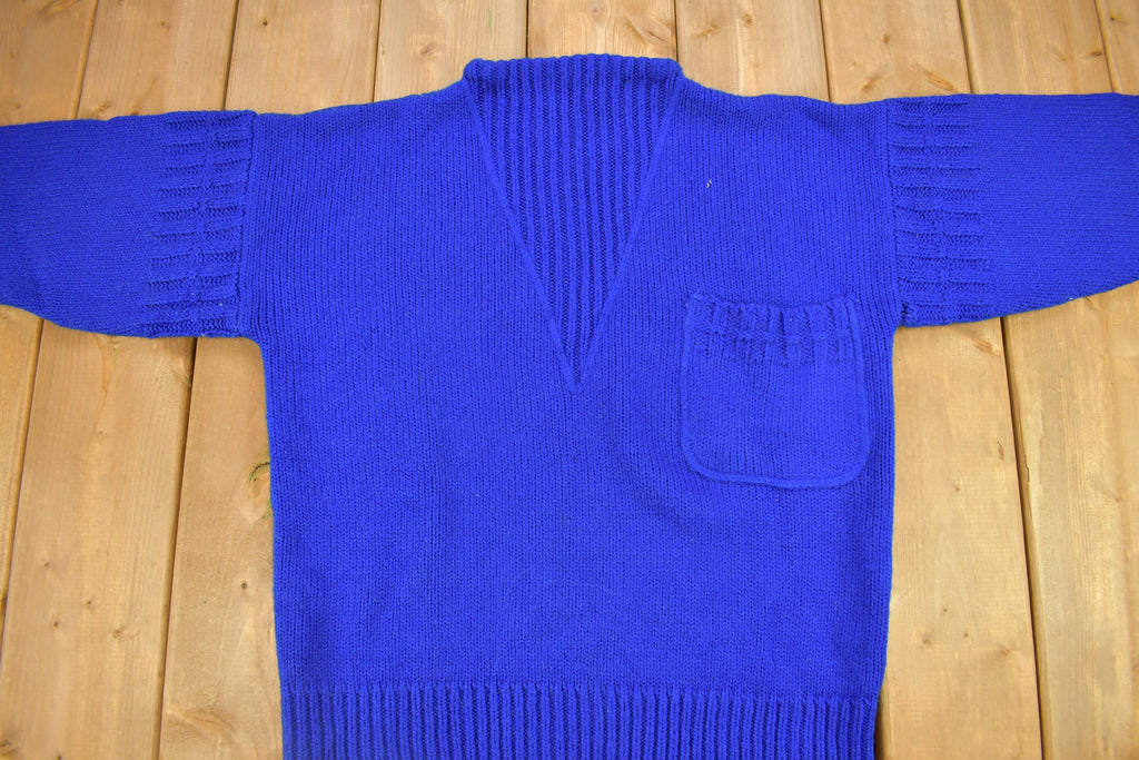 Vintage 1980s Yellow Rose Knitted Crewneck Sweater With Chest Pocket /