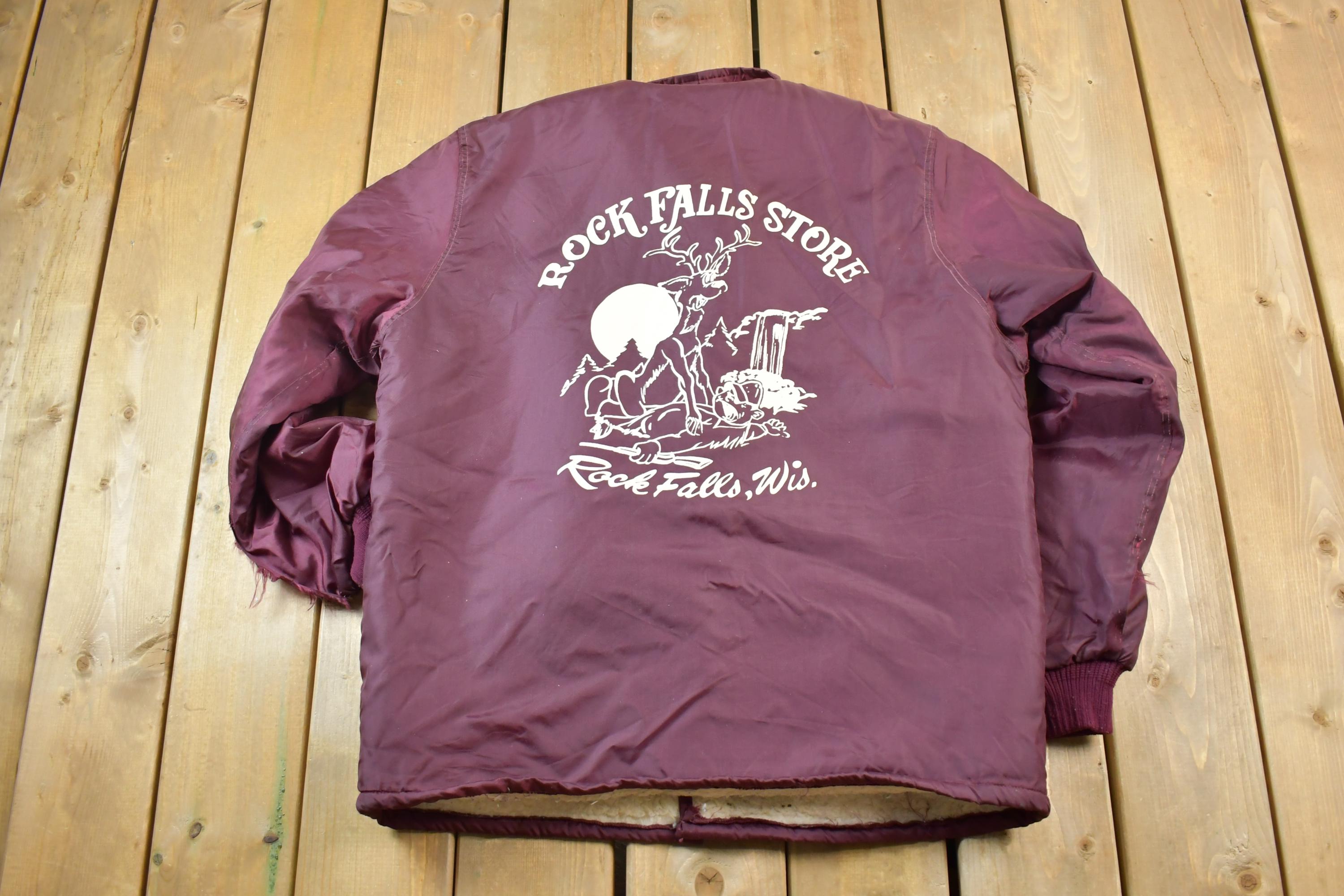 Vintage 1990s Rock Falls Store Wisconsin Graphic Print Snap Button Satin Jacket Made In USA