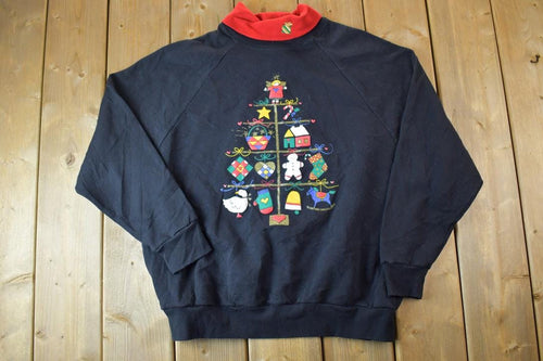 Vintage 1990s Christmas Tree Double Collar Crew Neck Sweater / 90s Crewneck / Grandma Sweater / Streetwear / Made In USA / Animal Theme
