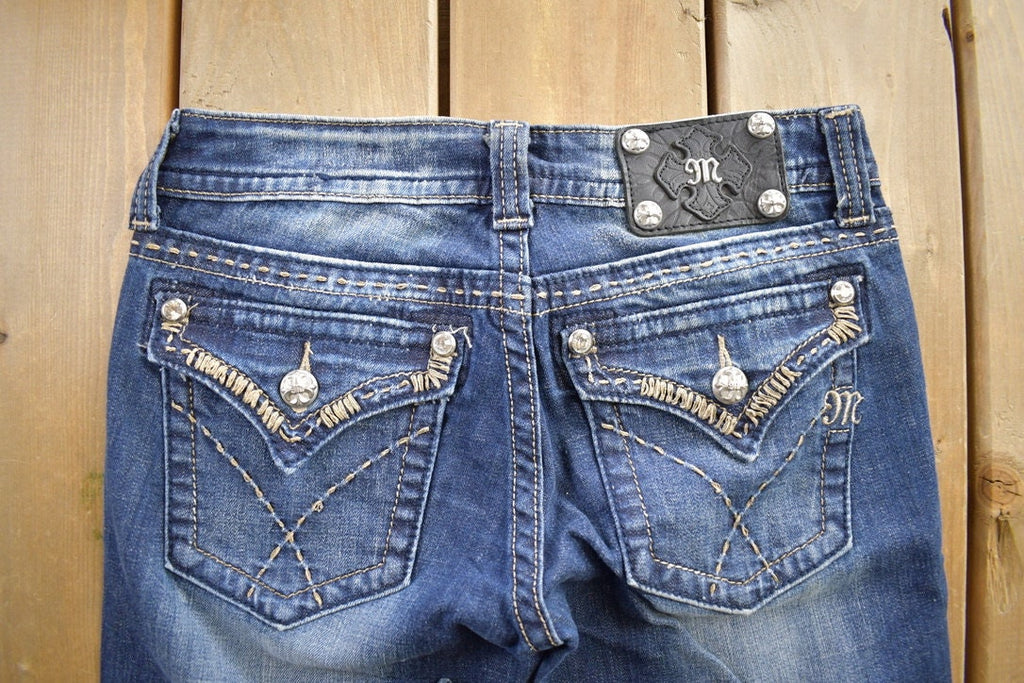Vintage Y2K Miss Me Thrashed Bedazzled Cowgirl Western Boot Cut Low Rise Jeans Size 26x33