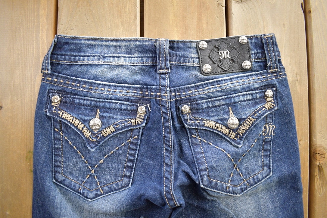 Vintage Y2K Miss Me Thrashed Bedazzled Cowgirl Western Boot Cut Low Rise Jeans Size 26x33