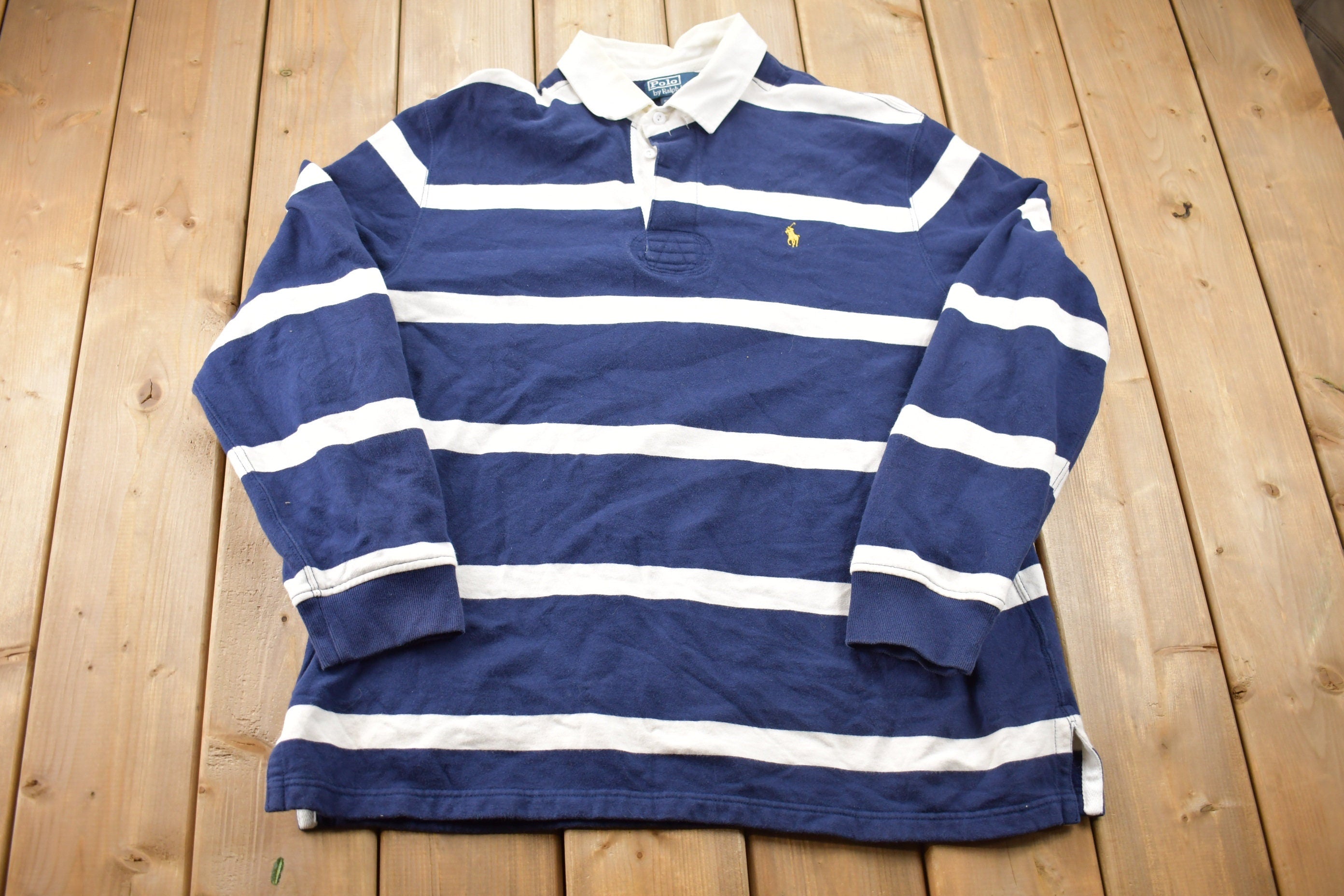 Vintage 1990s Polo Ralph Lauren Yellow Horse Stripped Embroidered Rugby Sweatshirt