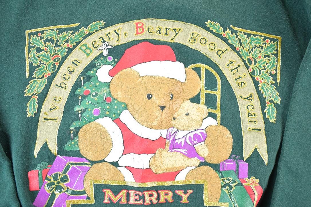 Vintage 1990s Christmas Teddy Bear Souvenir Crewneck Sweatshirt Made In USA