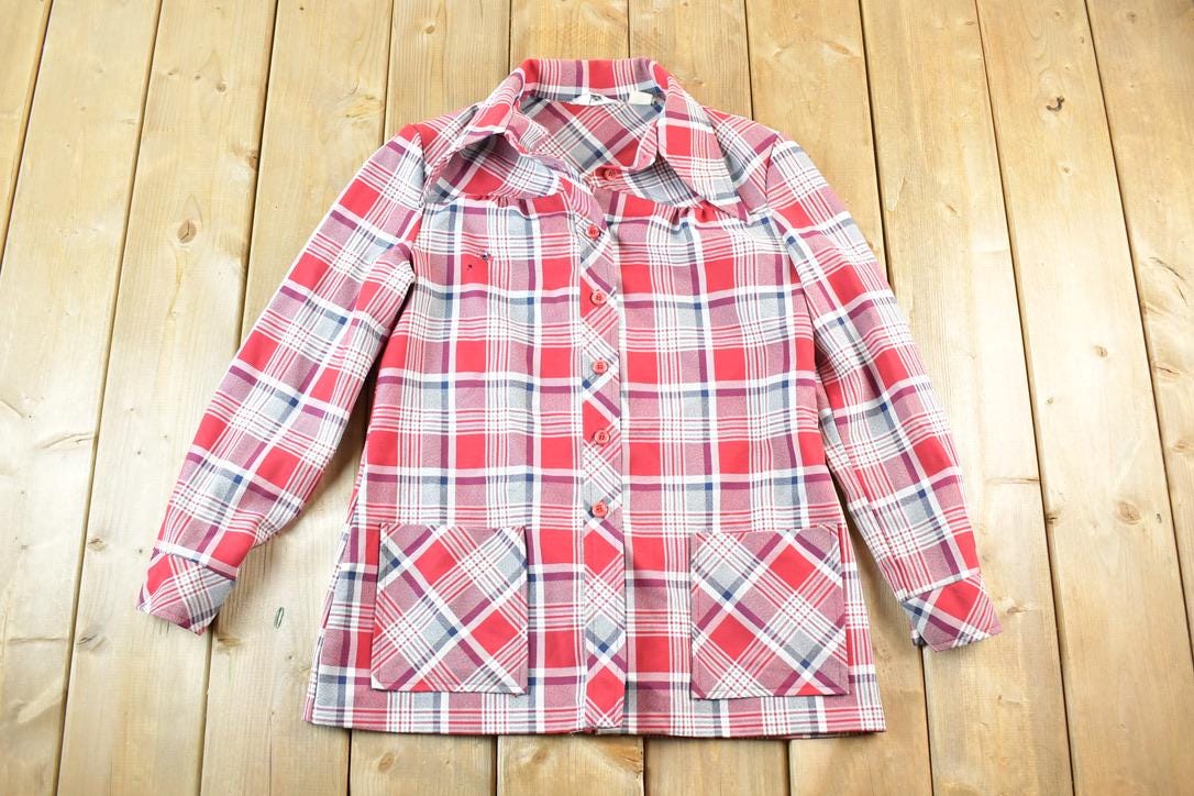Vintage 1970s Kmart Red Plaid Flannel Button Up Shirt Mens XS  1990s Button Up  Vintage Flannel  Plaid Shirt  Button Down