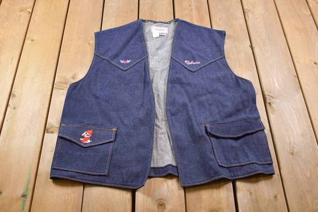 Vintage 1990s Embroidered Cute Denim Jean Vest  Patchwork  Made In USA  Outerwear  Personalized  Cute Dog  Hearts And Flowers