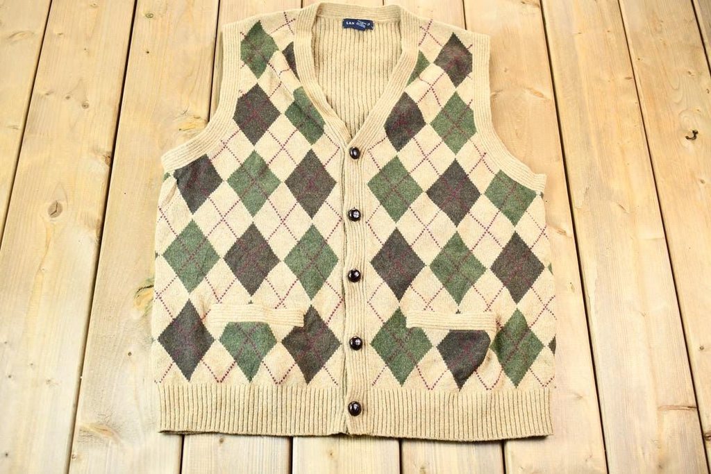 Vintage 1990s Argyle Land's End Knit V-Neck Ribbed Cardigan Sweater Vest