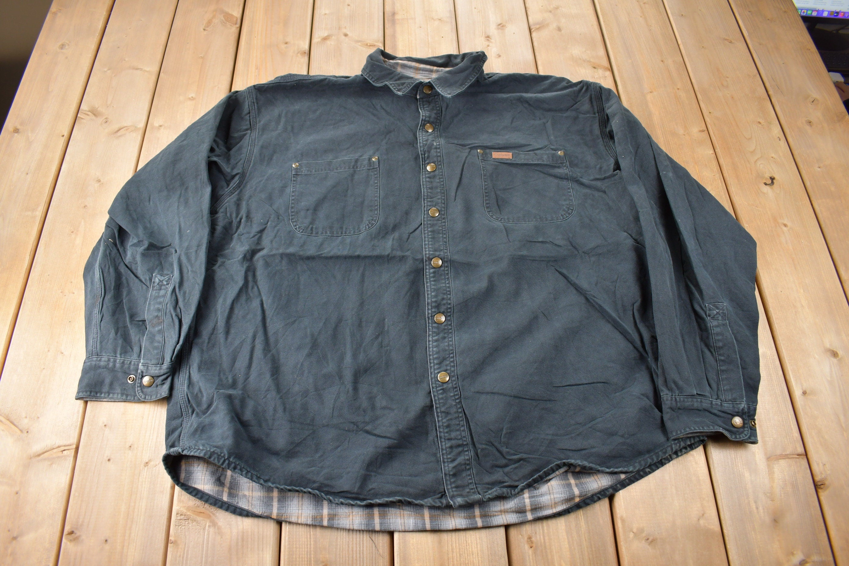 Vintage 1990s Distressed Carhartt Plaid Lined Light Weight Snap Button Jacket Size 2XL