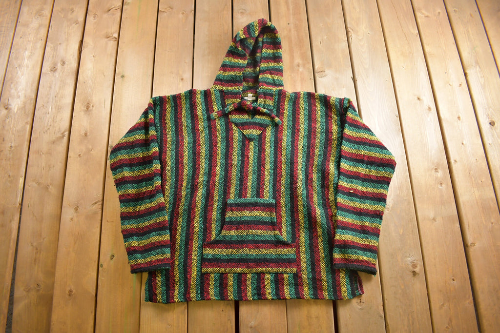 Vintage 1990s Baja Hooded Pullover Striped Knit Poncho Blanket Hoodie
