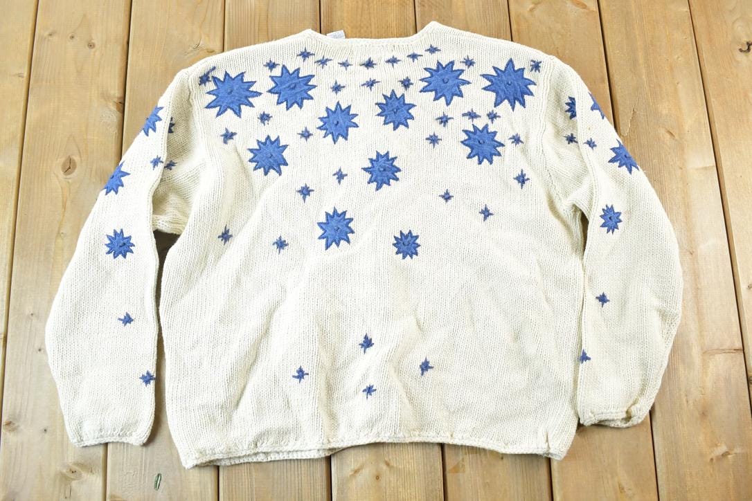Vintage 1990s Gotcha Covered Denim Star Knit Button Up Crewneck Sweater Womens XL