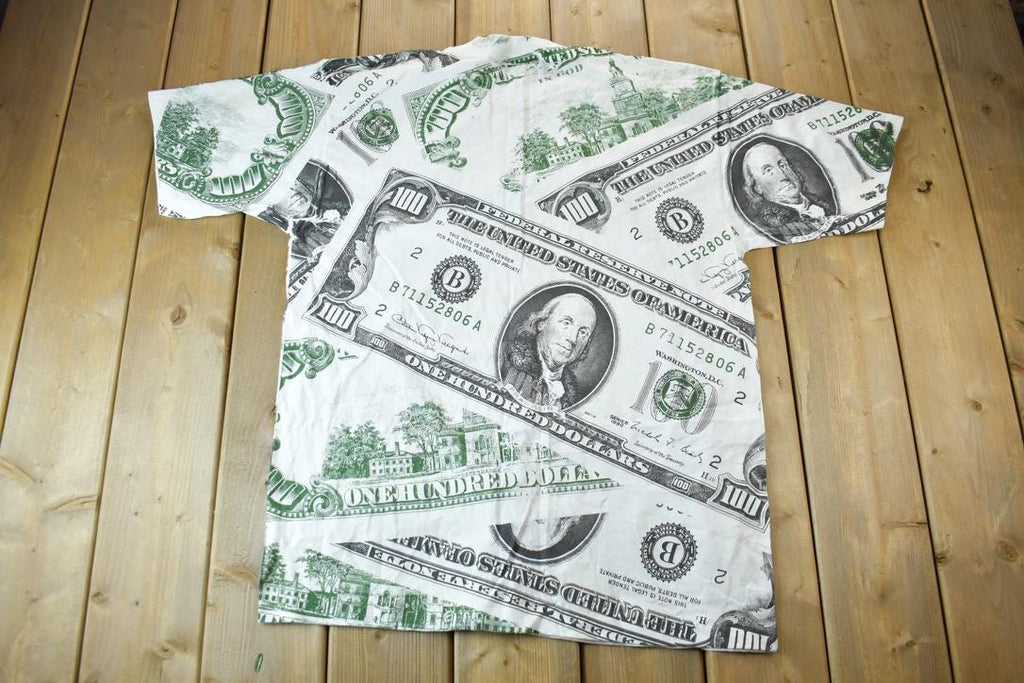Vintage 1991 100 Dollar Bill All Over Print Graphic T Shirt